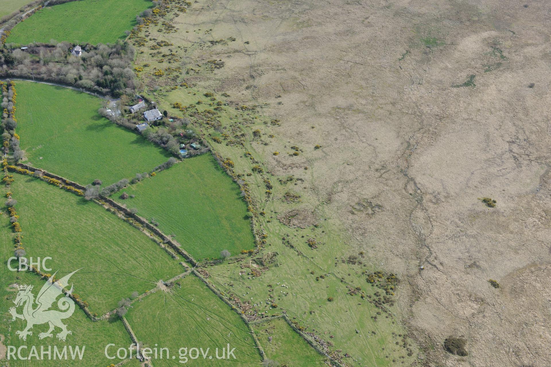 Gors Fawr Standing Stones and Stone Circle. Oblique aerial photograph taken during the Royal Commission's programme of archaeological aerial reconnaissance by Toby Driver on 15th April 2015'