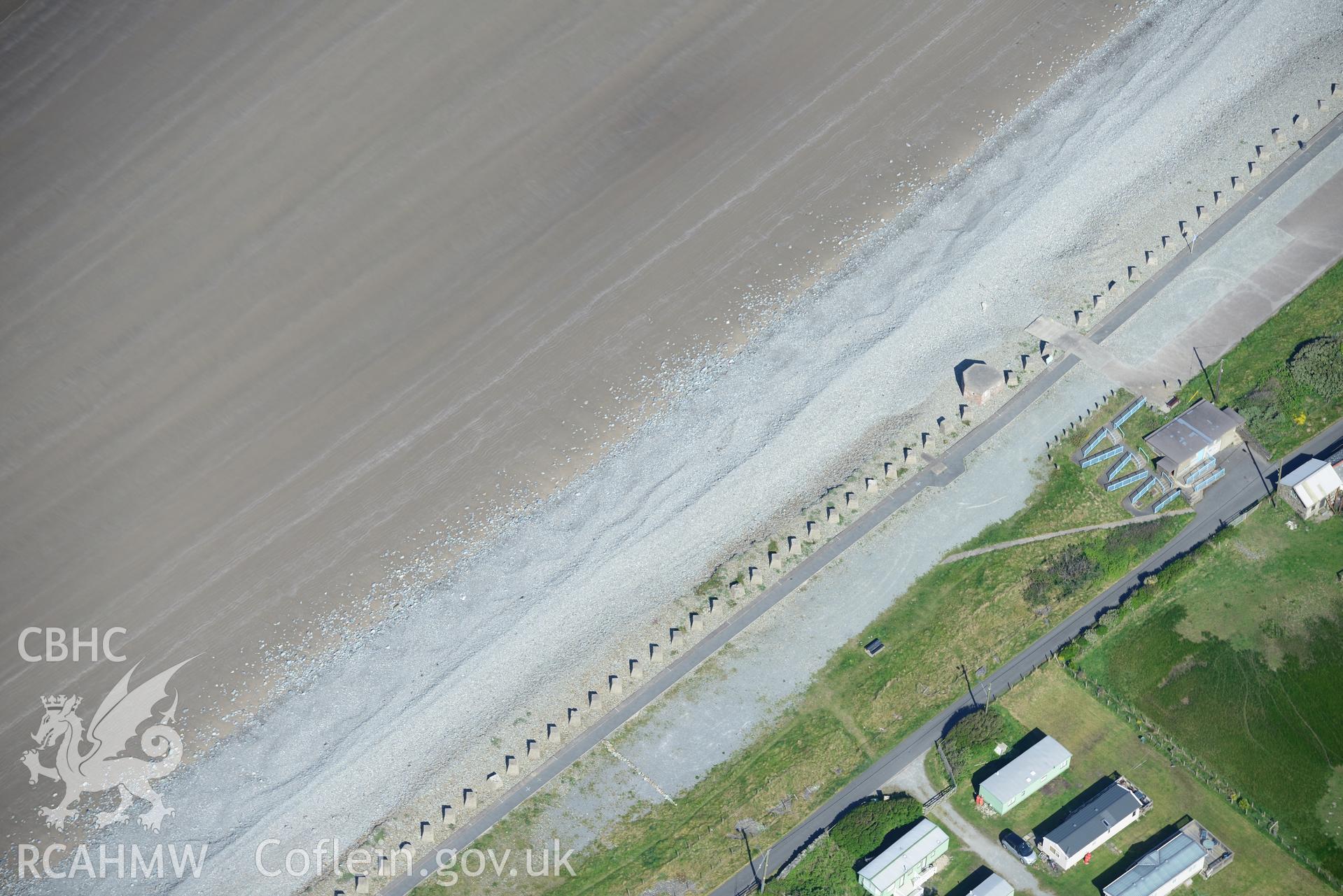 Aerial photography of Fairbourne anti-invasion defences taken on 3rd May 2017.  Baseline aerial reconnaissance survey for the CHERISH Project. ? Crown: CHERISH PROJECT 2017. Produced with EU funds through the Ireland Wales Co-operation Programme 2014-2020. All material made freely available through the Open Government Licence.