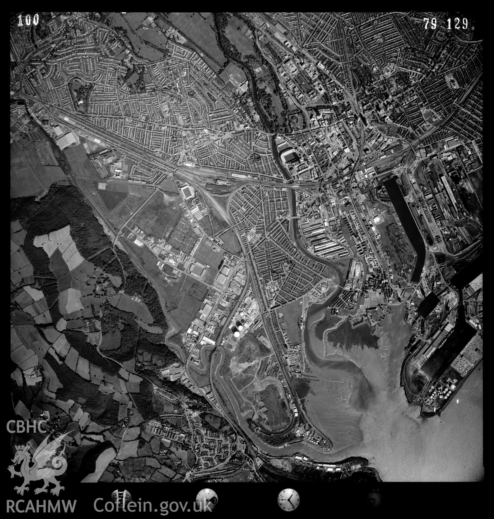 Digital copy of an aerial photograph showing the Cardiff Bay area, taken by Ordnance Survey, 1979.