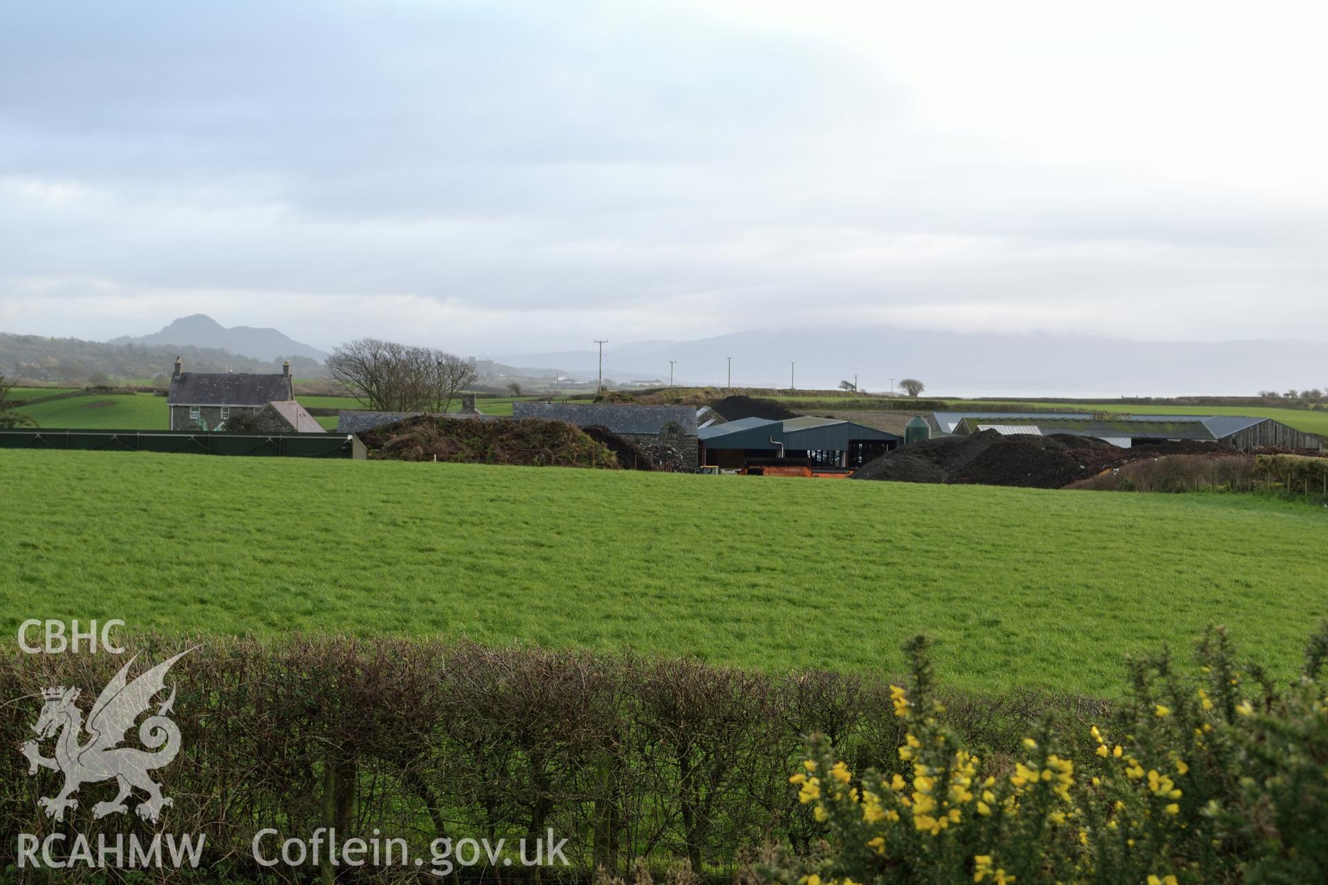 View from Tomen Fawr towards existing waste facility, photographed by Gwynedd Archaeological Trust during impact assessment of the site on 20th December 2018. Project no. G2564.