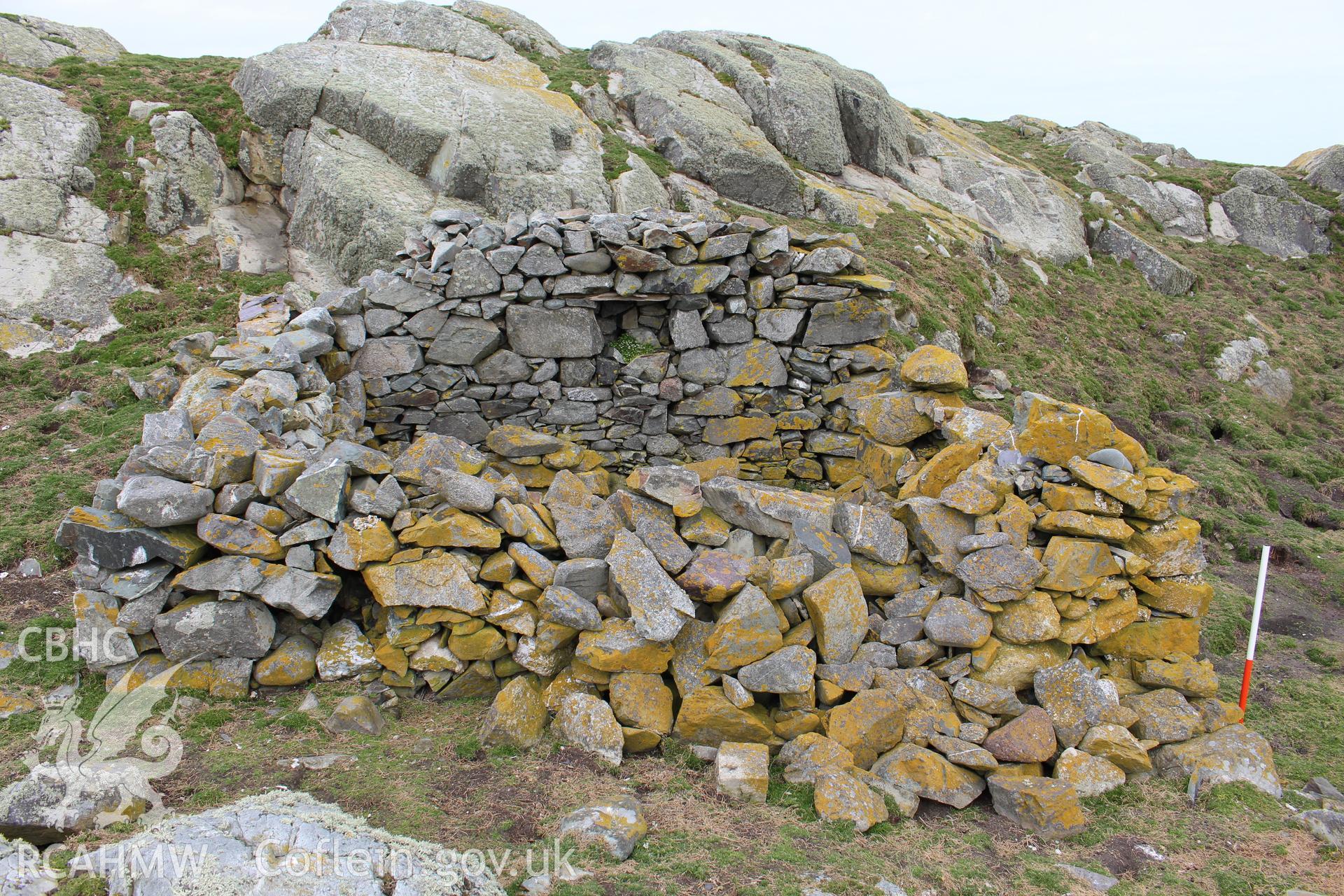 Skerries buoy keeper's cottage or stone shelter. Investigator's photographic survey for the CHERISH Project. ? Crown: CHERISH PROJECT 2018. Produced with EU funds through the Ireland Wales Co-operation Programme 2014-2020. All material made freely available through the Open Government Licence.