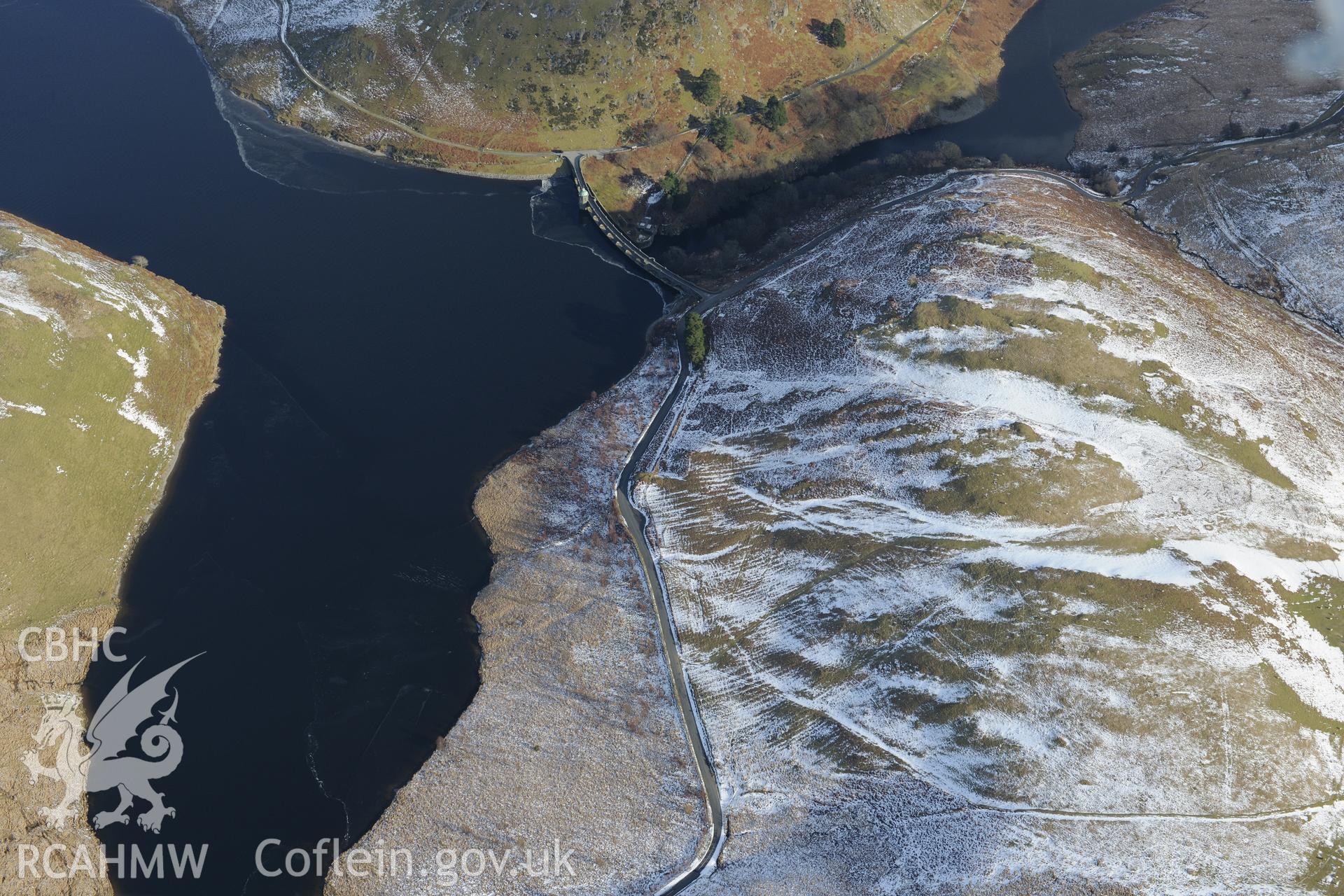 Craig Coch reservoir and dam at the Elan Valley Water Scheme, west of Rhayader. Oblique aerial photograph taken during the Royal Commission's programme of archaeological aerial reconnaissance by Toby Driver on 4th February 2015.