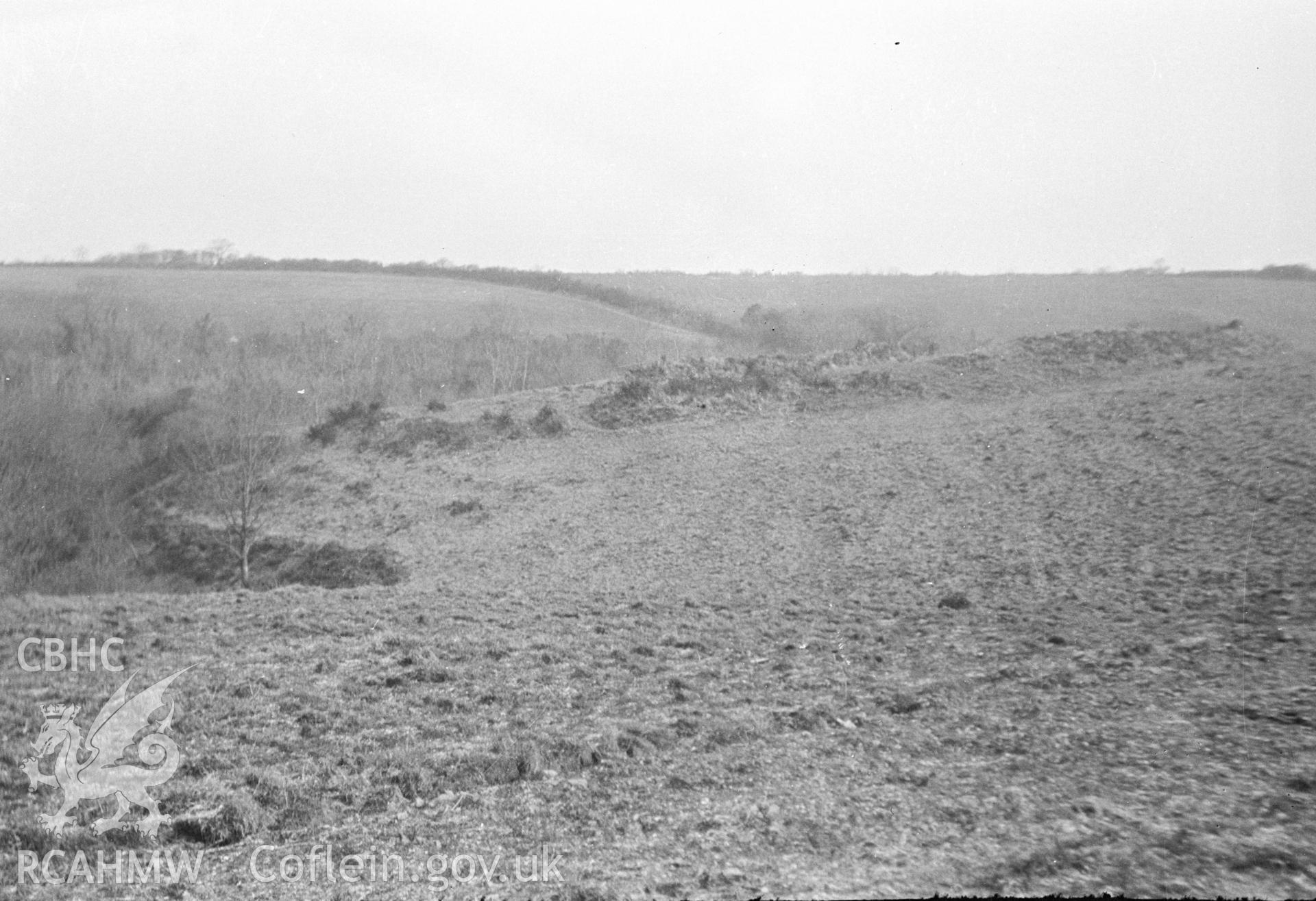 Digital copy of a nitrate negative showing Blaengwaith-Noah camp, Lampeter Velfrey. From the Cadw Monuments in Care Collection.