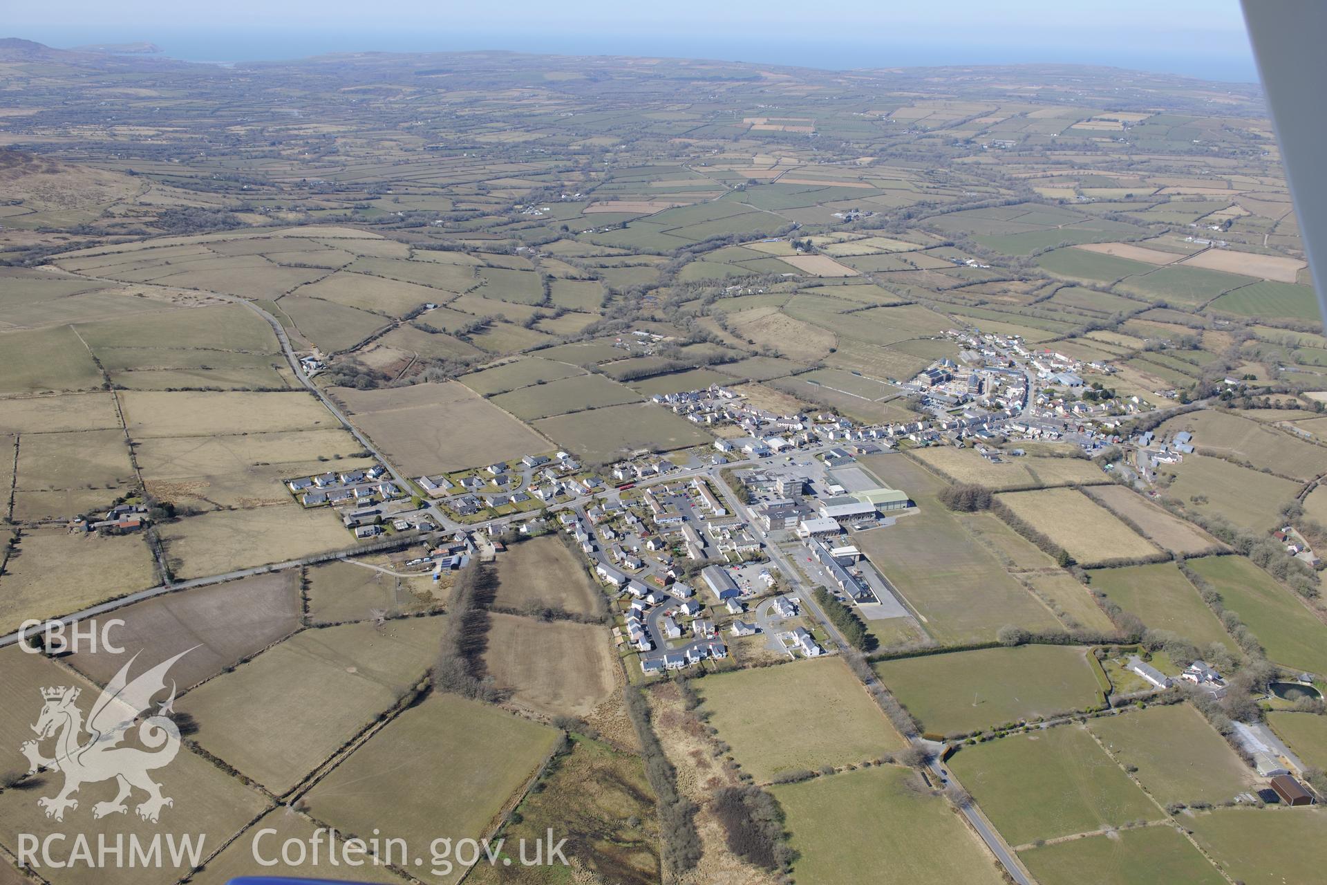 Crymych school, in Crymych village centre. Oblique aerial photograph taken during the Royal Commission's programme of archaeological aerial reconnaissance by Toby Driver on 2nd April 2013.