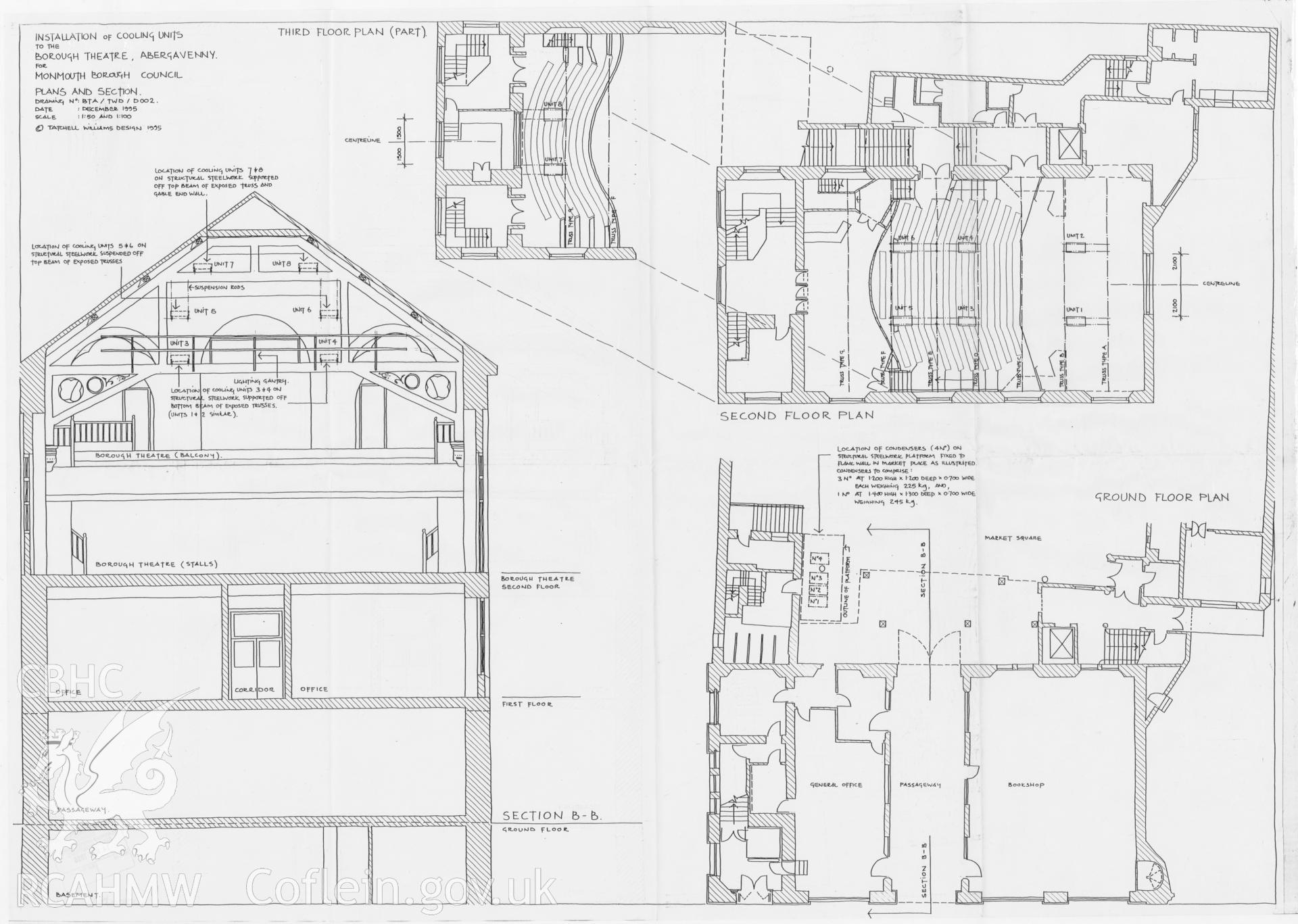 Digitised copy of architects drawing entitled "Installation of cooling units for Borough Theatre, Abergavenny for Monmouth Borough Council, Plans and Section". produced by Tatchell Williams Design, December 1995.