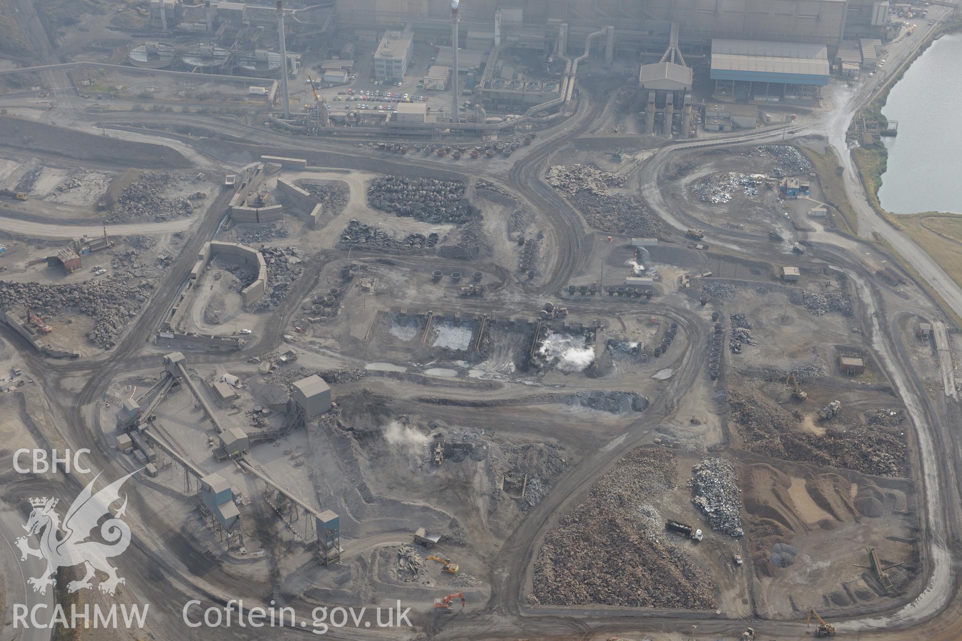 Royal Commission aerial photography of Margam Steelworks taken during drought conditions on 22nd July 2013.