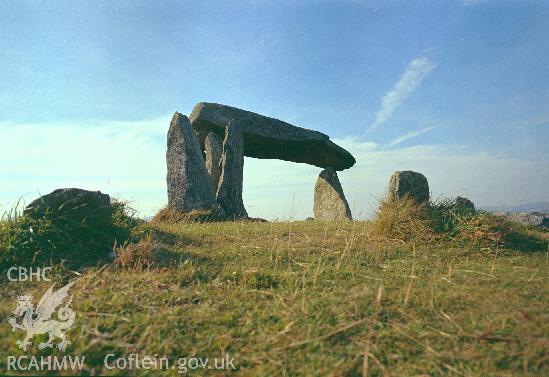 Digital copy of a colour negative showing view of Pentre Ifan Cromlech, taken by RCAHMW.