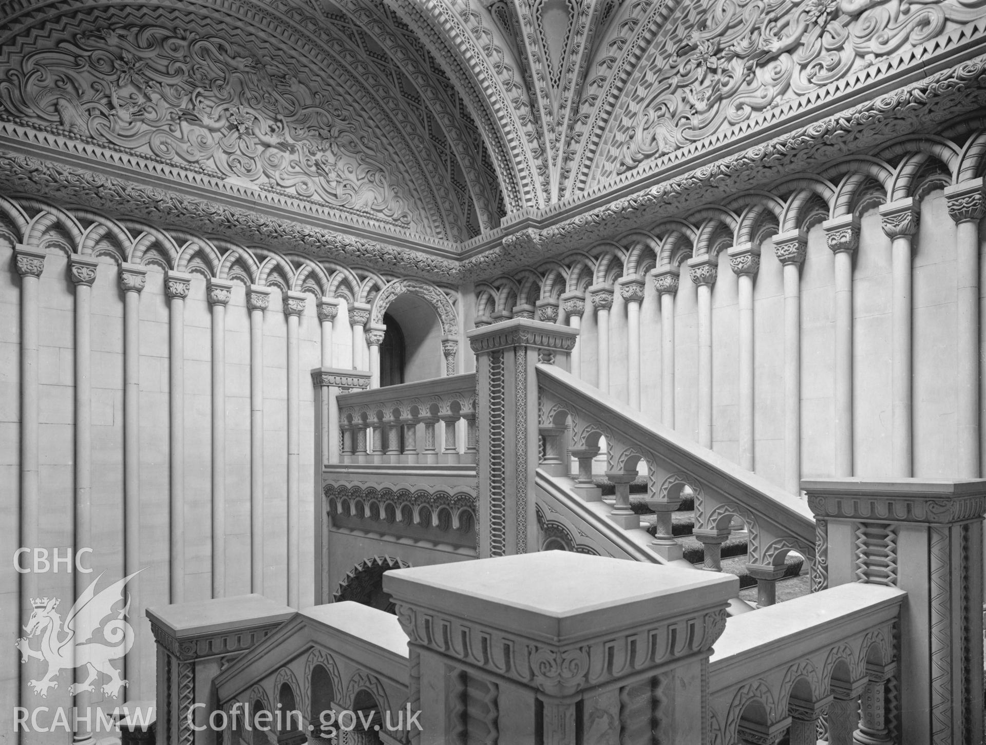 Digital copy of a 1951 photo by A.F. Kersting showing the staircase at Penrhyn Castle.