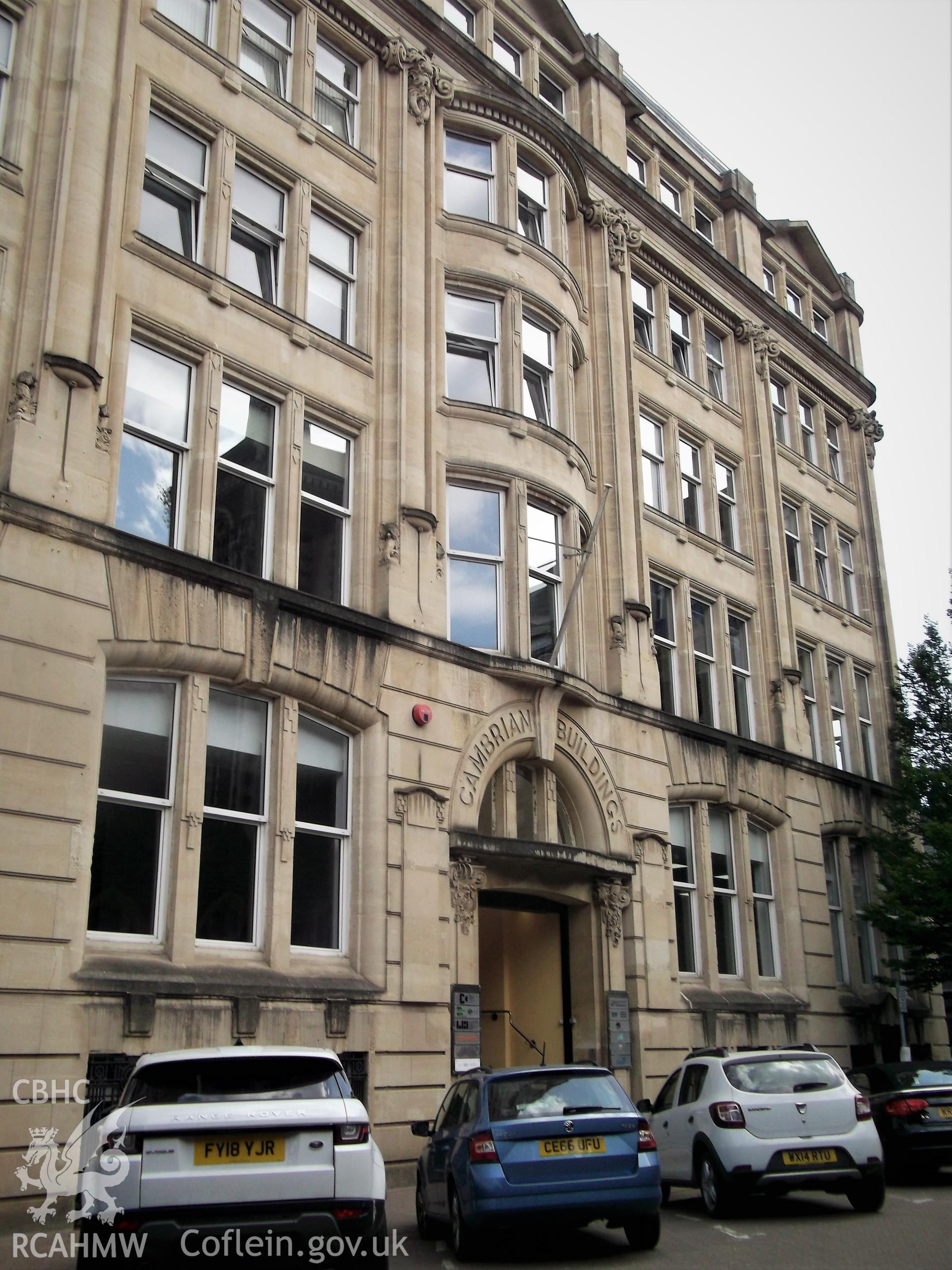 Colour photograph showing exterior of the Cambrian or Cymric Buildings, West Bute Street, Butetown, taken by Adam Coward on 10th July 2018.