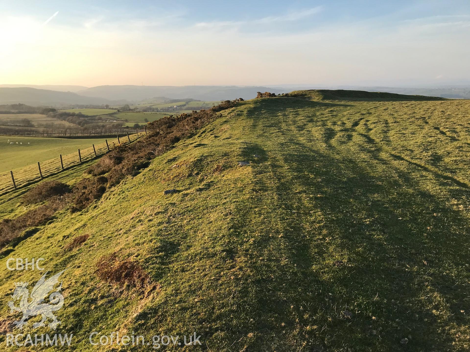 Colour photograph of Gaer Fawr hillfort, Llanilar, south east of Aberystwyth taken by Paul R. Davis on 27th March 2019.