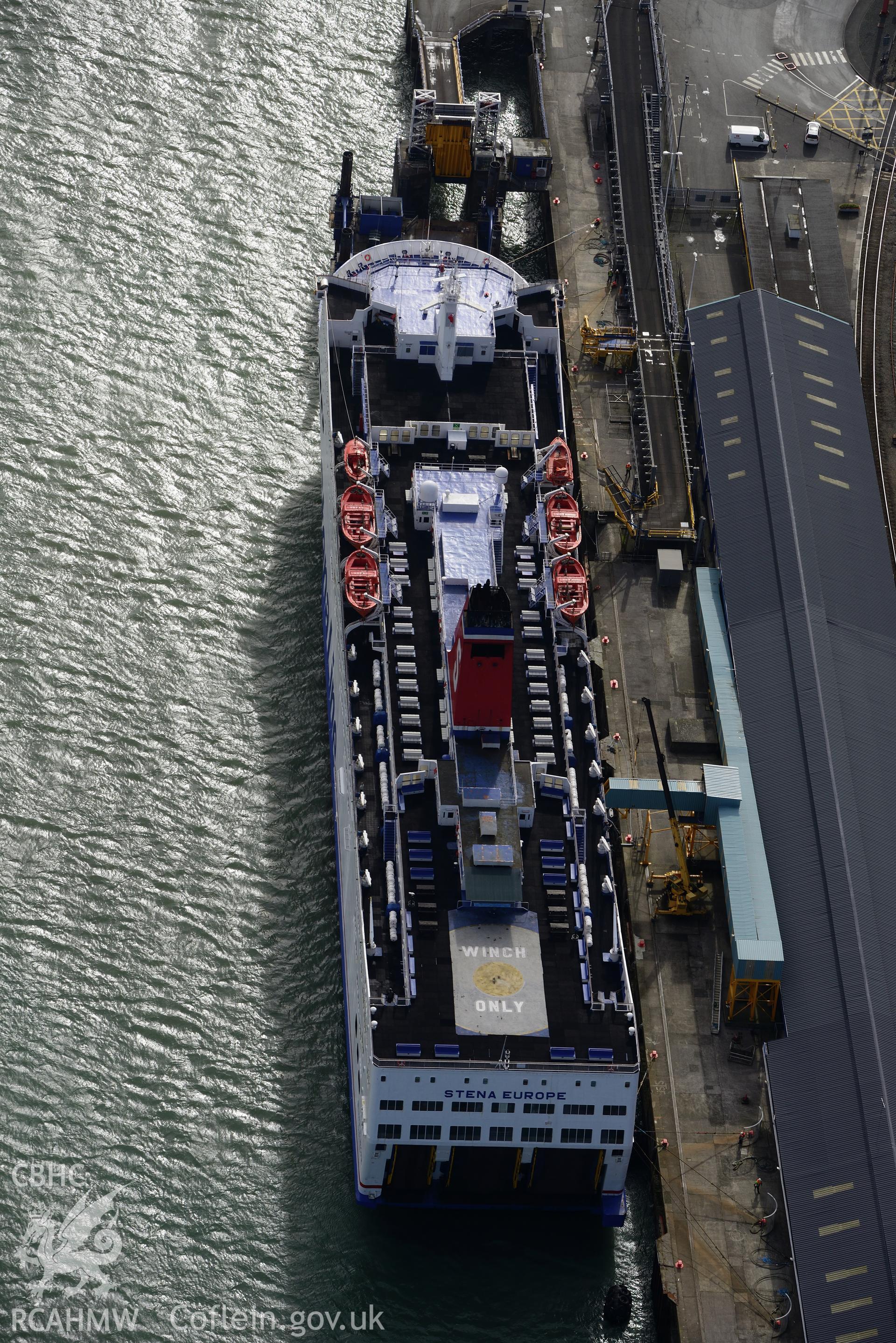 The ferry terminal at Fishguard harbour. Oblique aerial photograph taken during the Royal Commission's programme of archaeological aerial reconnaissance by Toby Driver on 13th March 2015.