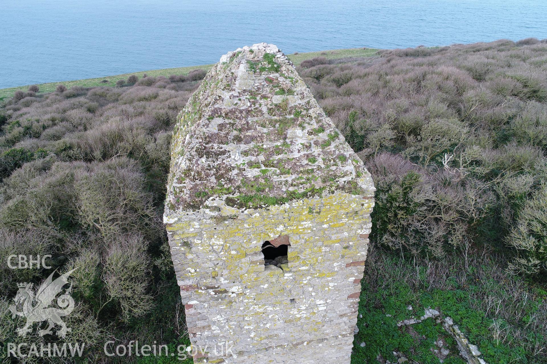 Investigator's drone/UAV survey of the church and monastic settlement on Puffin Island or Ynys Seiriol for the CHERISH Project. ? Crown: CHERISH PROJECT 2018. Produced with EU funds through the Ireland Wales Co-operation Programme 2014-2020. All material made freely available through the Open Government Licence.