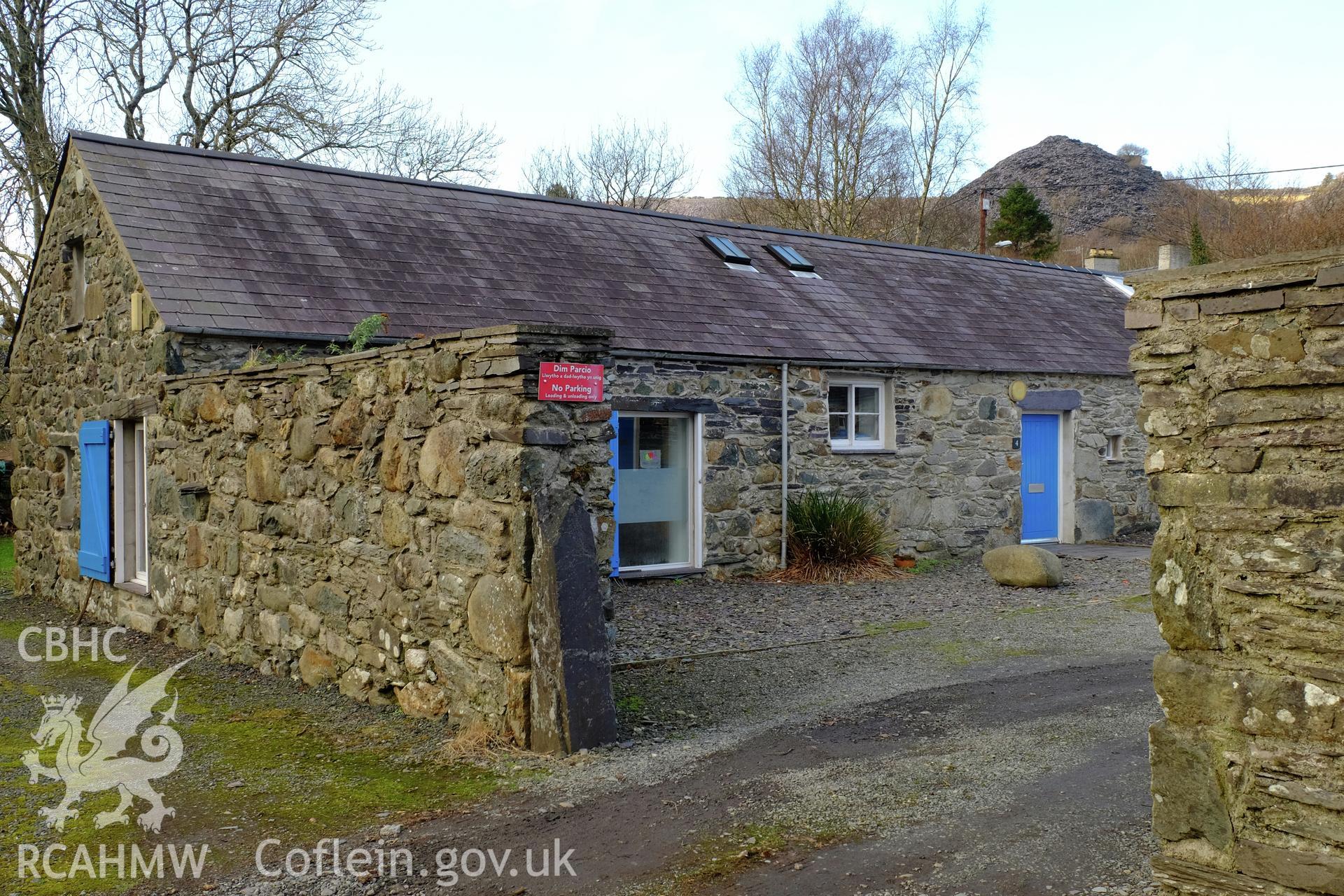 Colour photograph showing view looking north west at the west range of Barracks, Nantlle, produced by Richard Hayman 9th February 2017