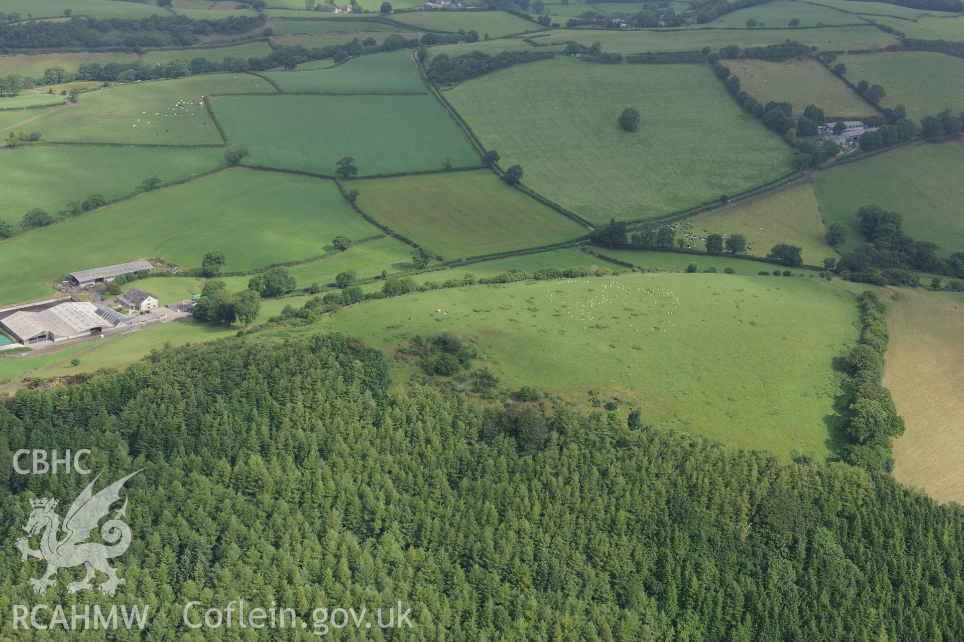 Merlin's Hill hillfort, east of Carmarthen. Oblique aerial photograph taken during the Royal Commission?s programme of archaeological aerial reconnaissance by Toby Driver on 1st August 2013.