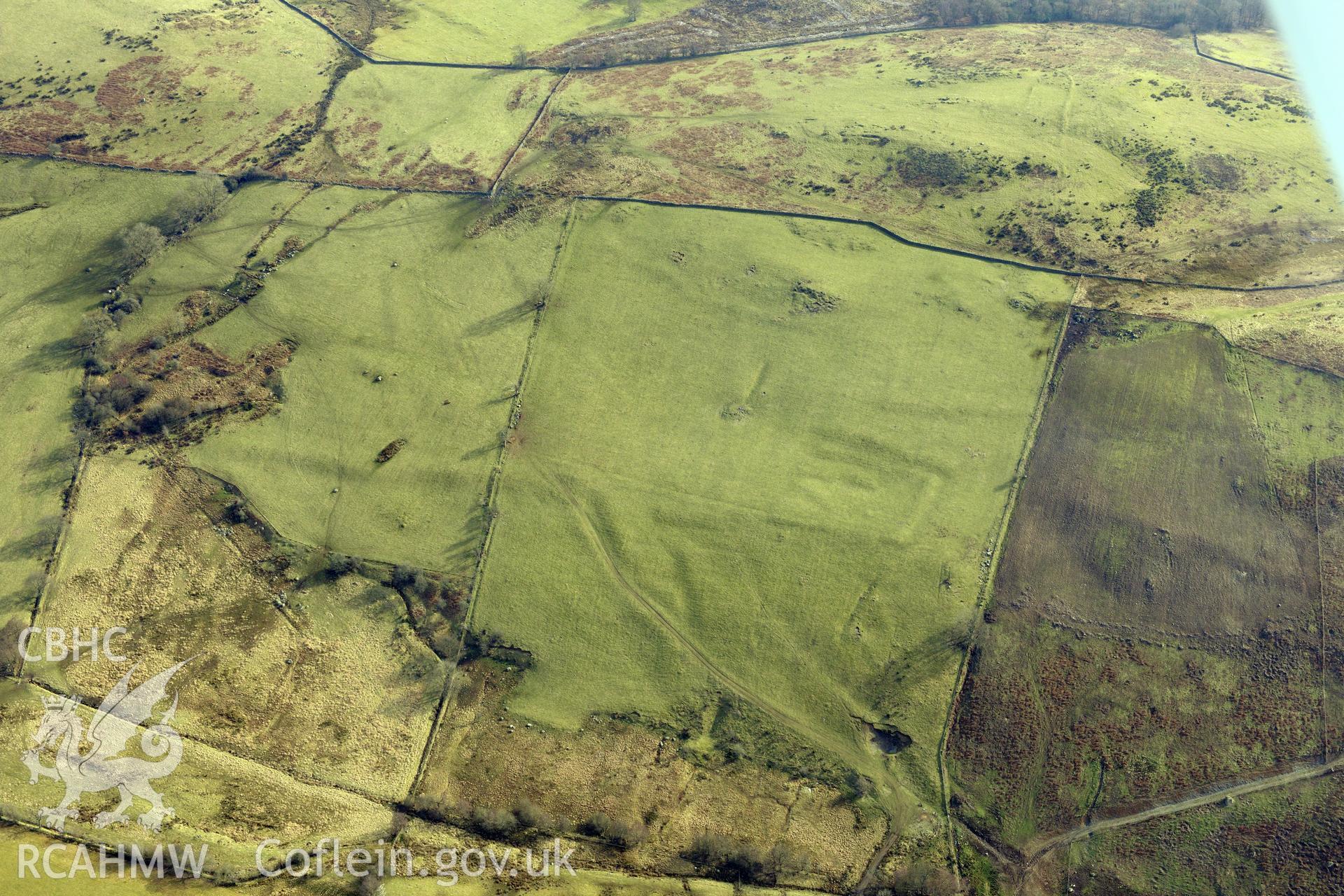 Caer Derwyn settlement and field system, Corwen, west of Llangollen. Oblique aerial photograph taken during the Royal Commission?s programme of archaeological aerial reconnaissance by Toby Driver on 28th February 2013.