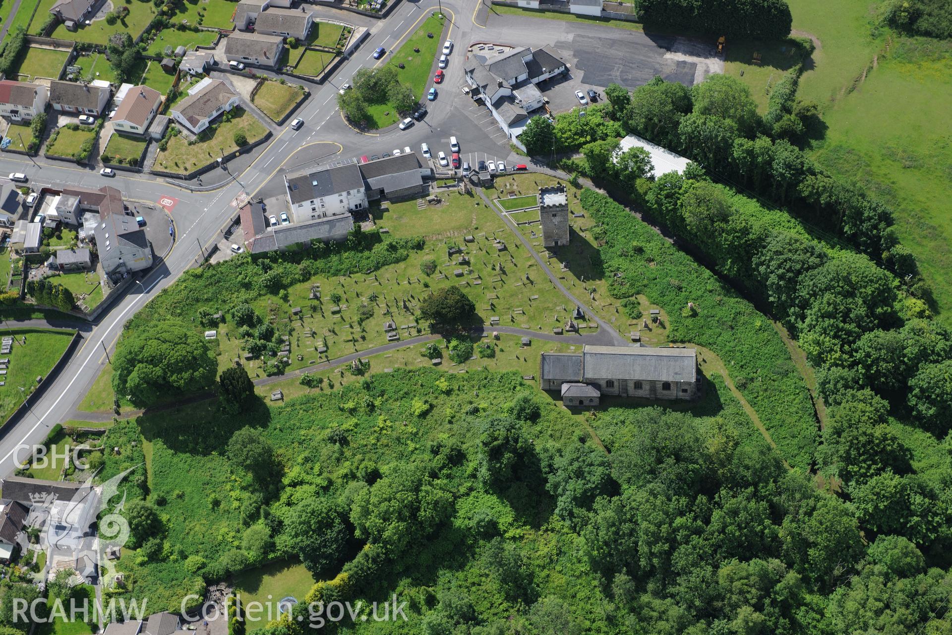 St. David and St. Cyfelach's church, and the church's tower (detached), Llangyfelach. Oblique aerial photograph taken during the Royal Commission's programme of archaeological aerial reconnaissance by Toby Driver on 19th June 2015.