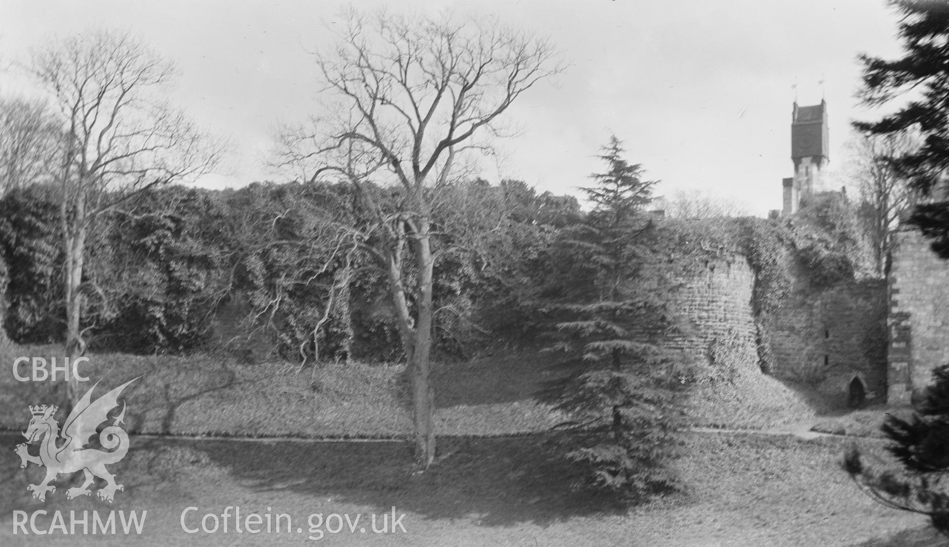 Digital copy of a nitrate negative showing general exterior view of Ruthin Castle.