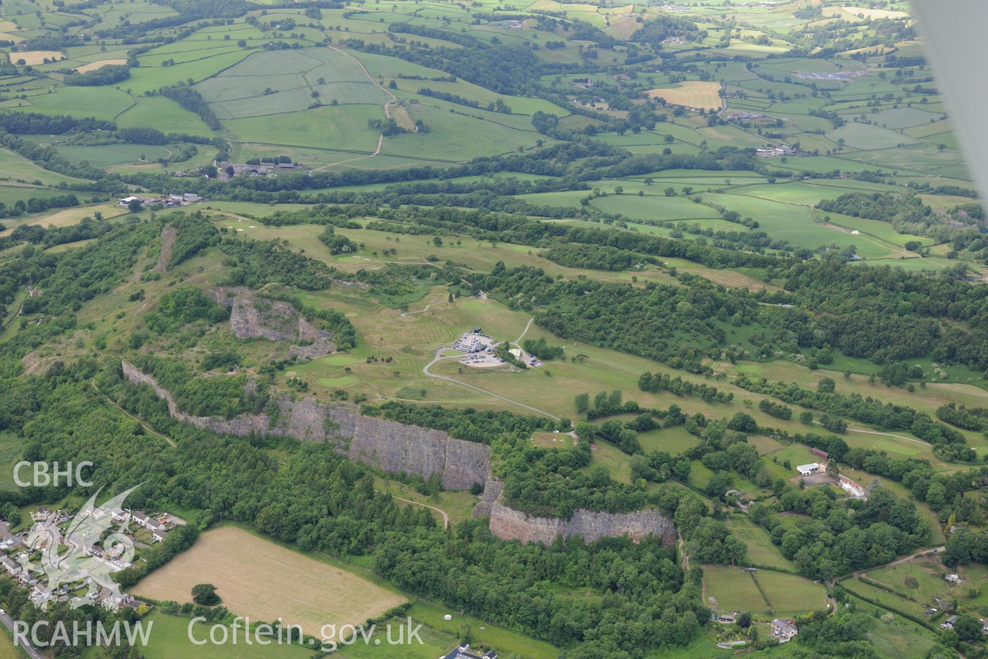 Llanymynech hillfort on the Welsh-English border, south west of Oswestry. Oblique aerial photograph taken during the Royal Commission's programme of archaeological aerial reconnaissance by Toby Driver on 30th June 2015.