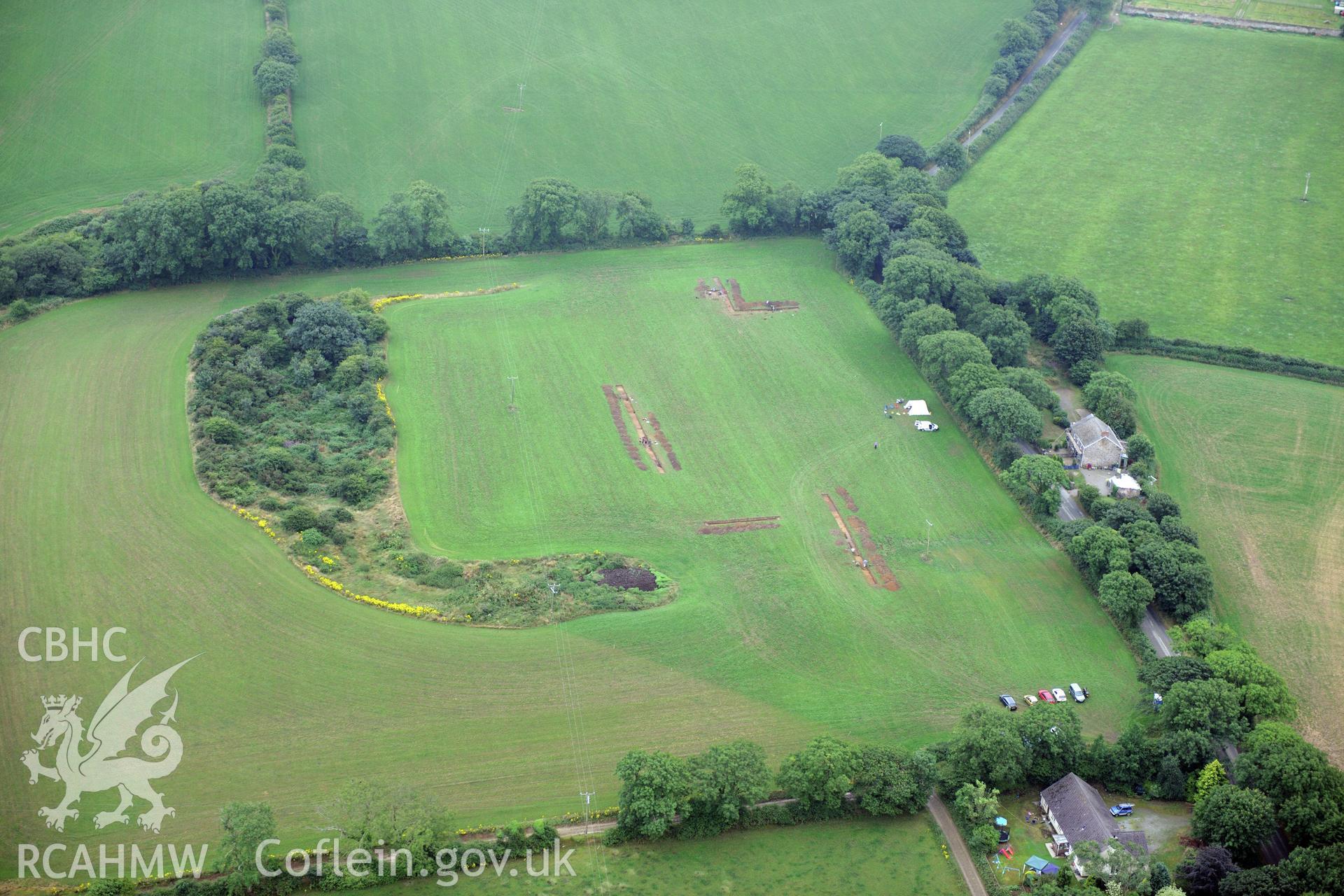 Wiston Roman Fort with excavations by Dyfed Archaeological Trust, north east of Haverfordwest. Oblique aerial photograph taken during the Royal Commission?s programme of archaeological aerial reconnaissance by Toby Driver on 1st August 2013.