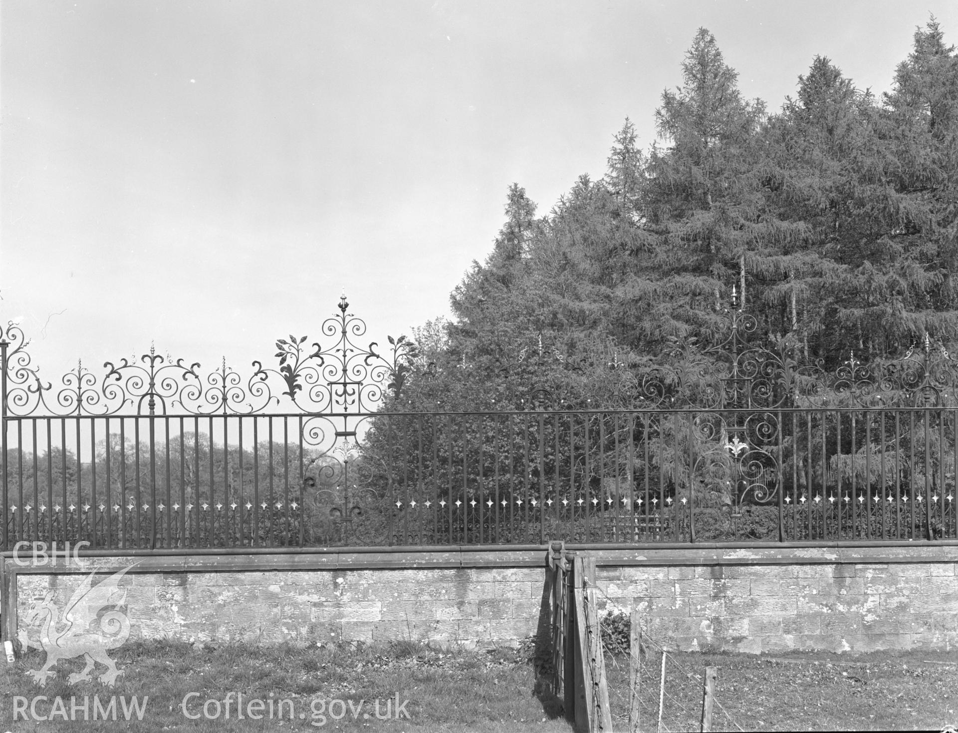 Digital copy of an acetate negative showing view of Chirk Castle gates taken by Department of Environment in 1977.