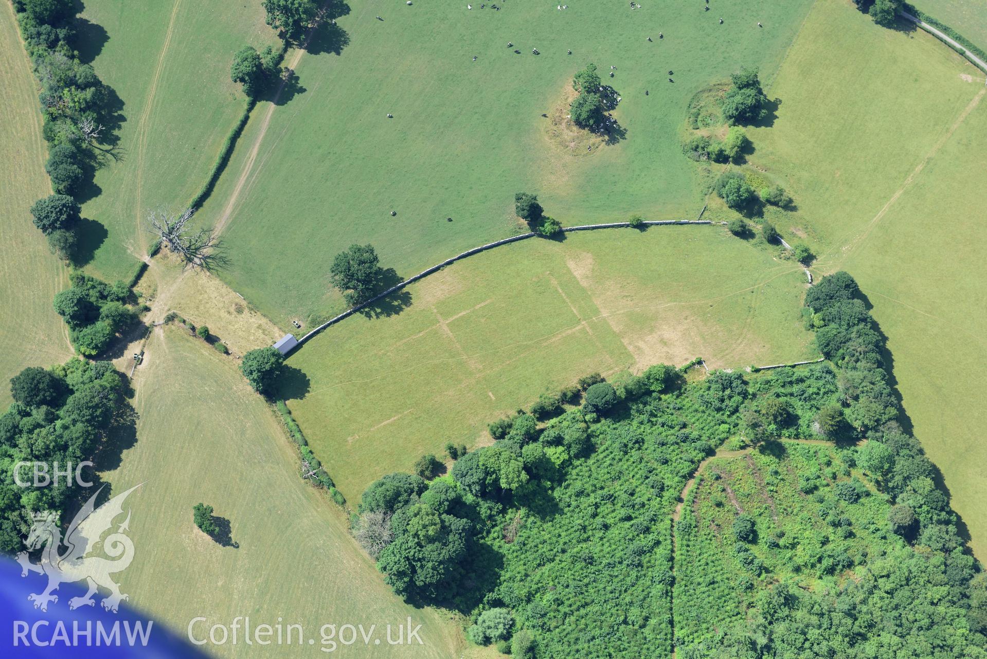 Royal Commission aerial photography of Plas Heaton Gardens, showing cropmarks of a former walled garden at SJ 033 686, taken on 19th July 2018 during the 2018 drought.