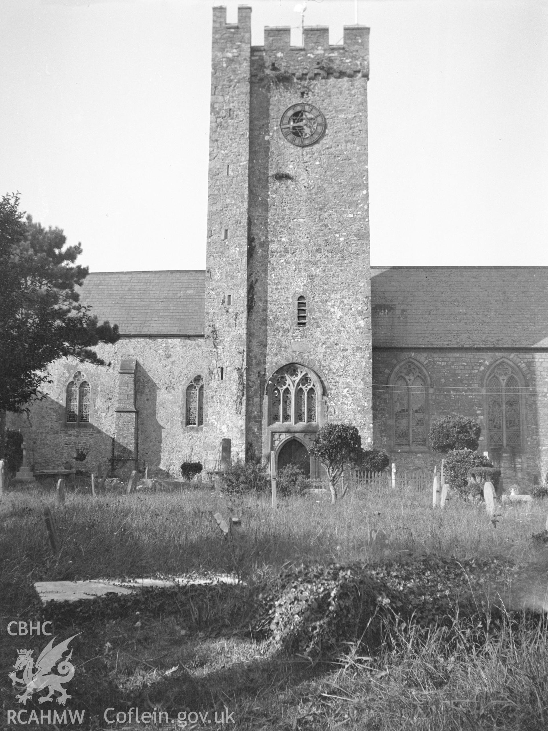 Digital copy of a nitrate negative showing exterior view from south of St Nicholas' Priory Church, Monkton. From the National Building Record Postcard Collection.