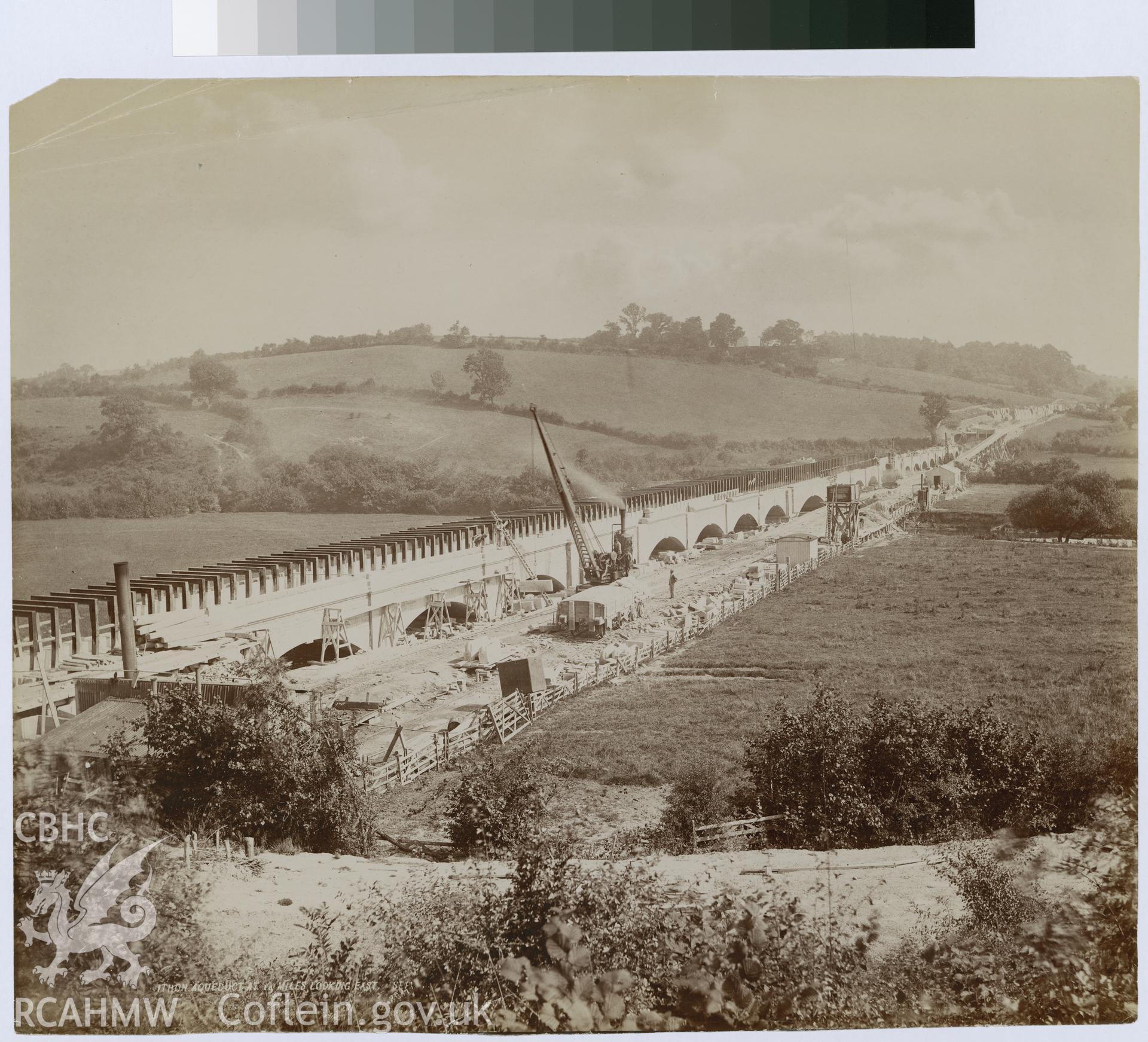 Digital copy of an albumen print from Edward Hubbard Collection showing a view of Ithon Aqueduct looking east, taken September 1898.