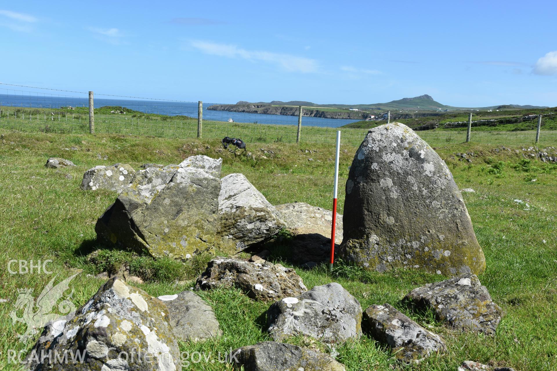 Lower Treginnis chambered tomb. View looking north, 1m scale. Investigator?s photographic survey for the CHERISH Project. ? Crown: CHERISH PROJECT 2019. Produced with EU funds through the Ireland Wales Co-operation Programme 2014-2020. All material made freely available through the Open Government Licence.