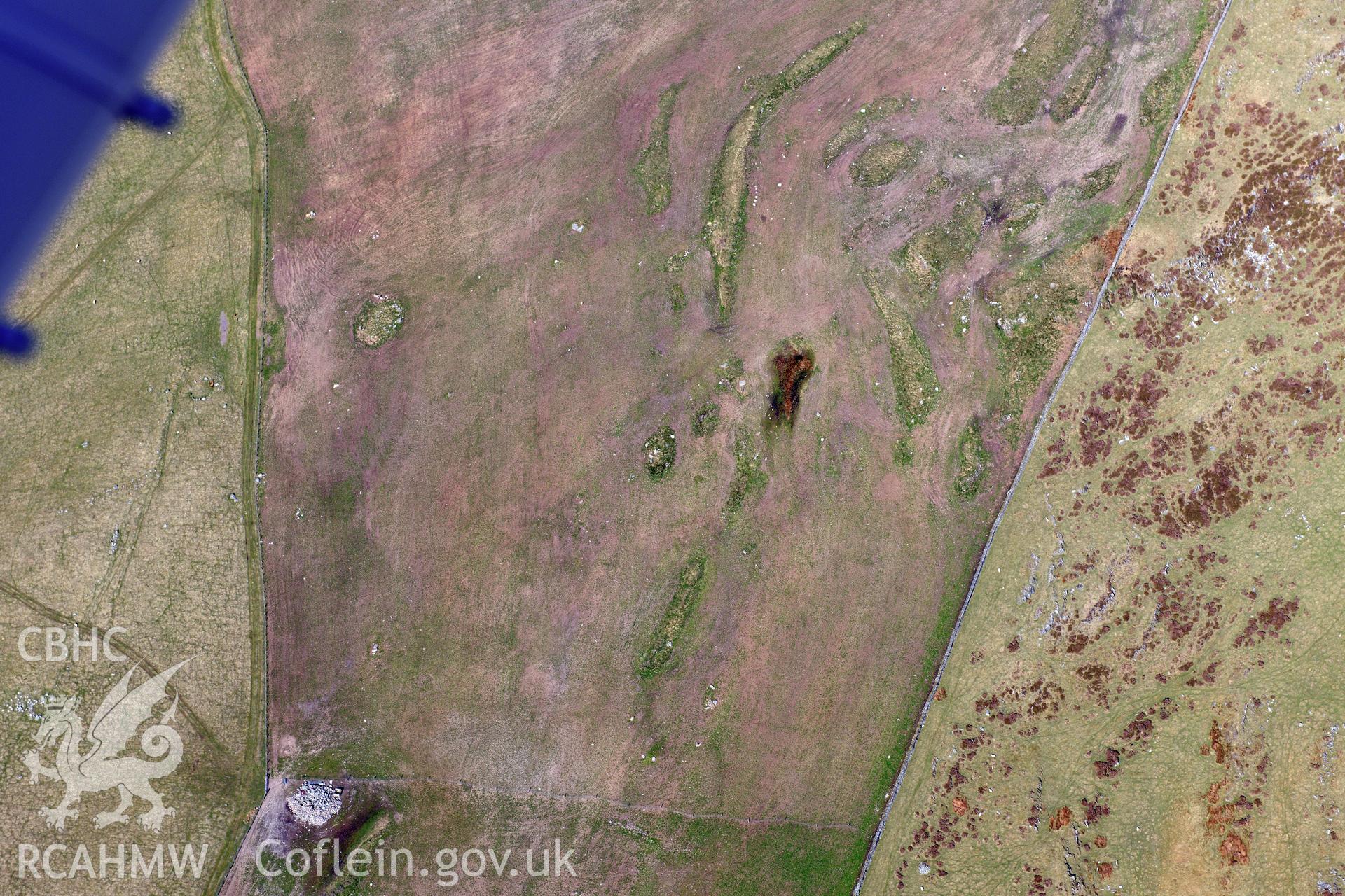 Cairn circles and hut circle at Moel Goedog, Harlech. Oblique aerial photograph taken during the Royal Commission?s programme of archaeological aerial reconnaissance by Toby Driver on 1st May 2013.