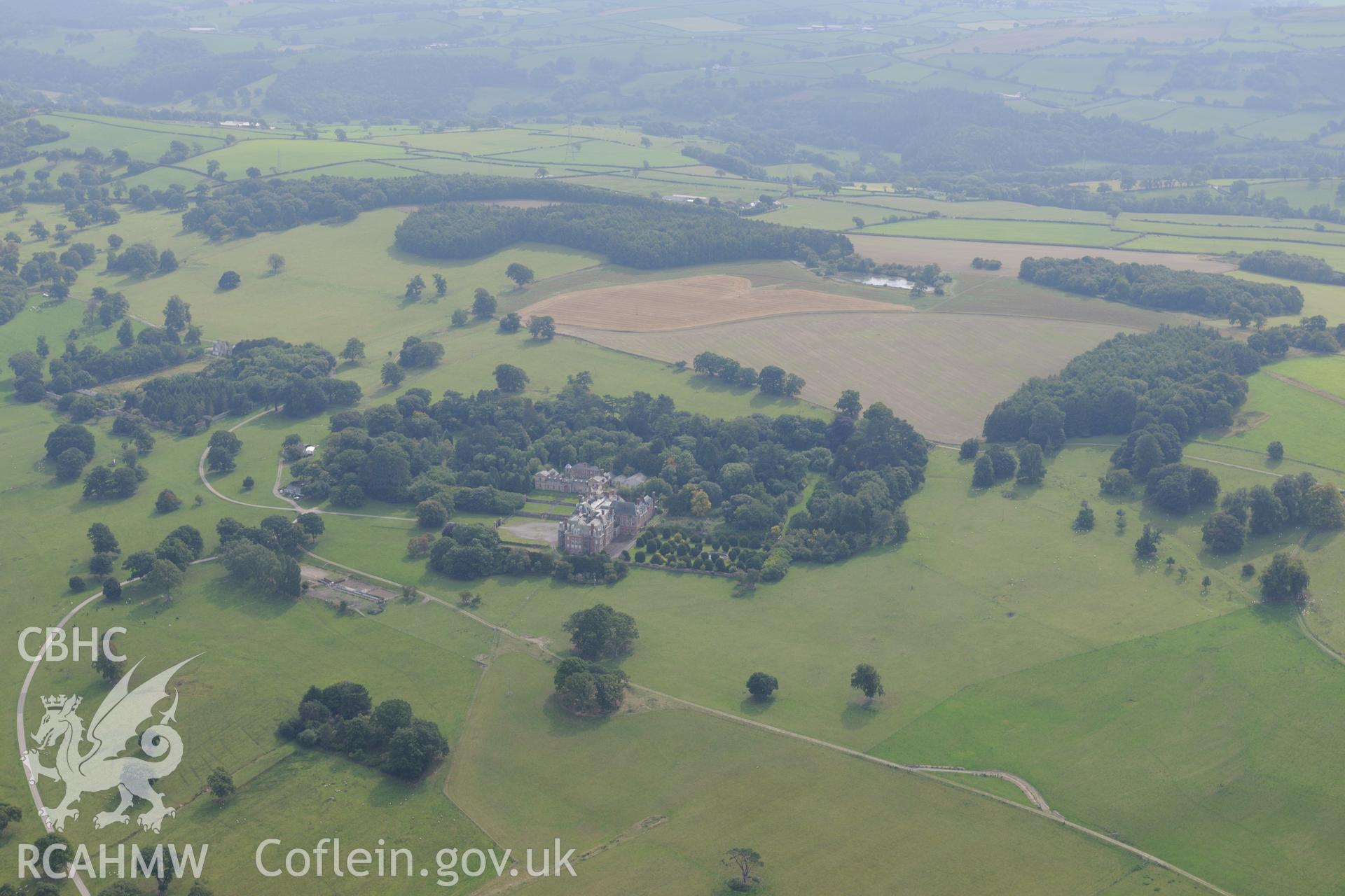 Hall, garden and Venetian garden, Kinmel Park, Bodelwyddan. Oblique aerial photograph taken during the Royal Commission's programme of archaeological aerial reconnaissance by Toby Driver on 11th September 2015.