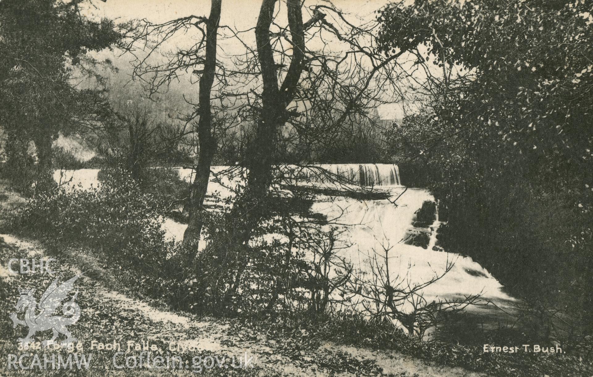 Digital copy of a postcard from the Dave Davies Collection showing a view of Clydach Upper Feeder Weir and Forge Fach Falls, postmark reads 31 August 1918.