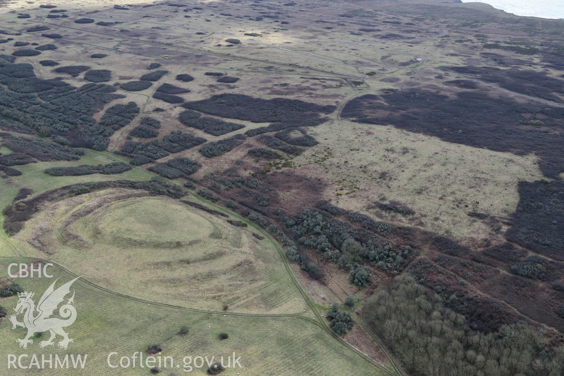 Bulliber Hill Camp. Baseline aerial reconnaissance survey for the CHERISH Project. ? Crown: CHERISH PROJECT 2018. Produced with EU funds through the Ireland Wales Co-operation Programme 2014-2020. All material made freely available through the Open Government Licence.