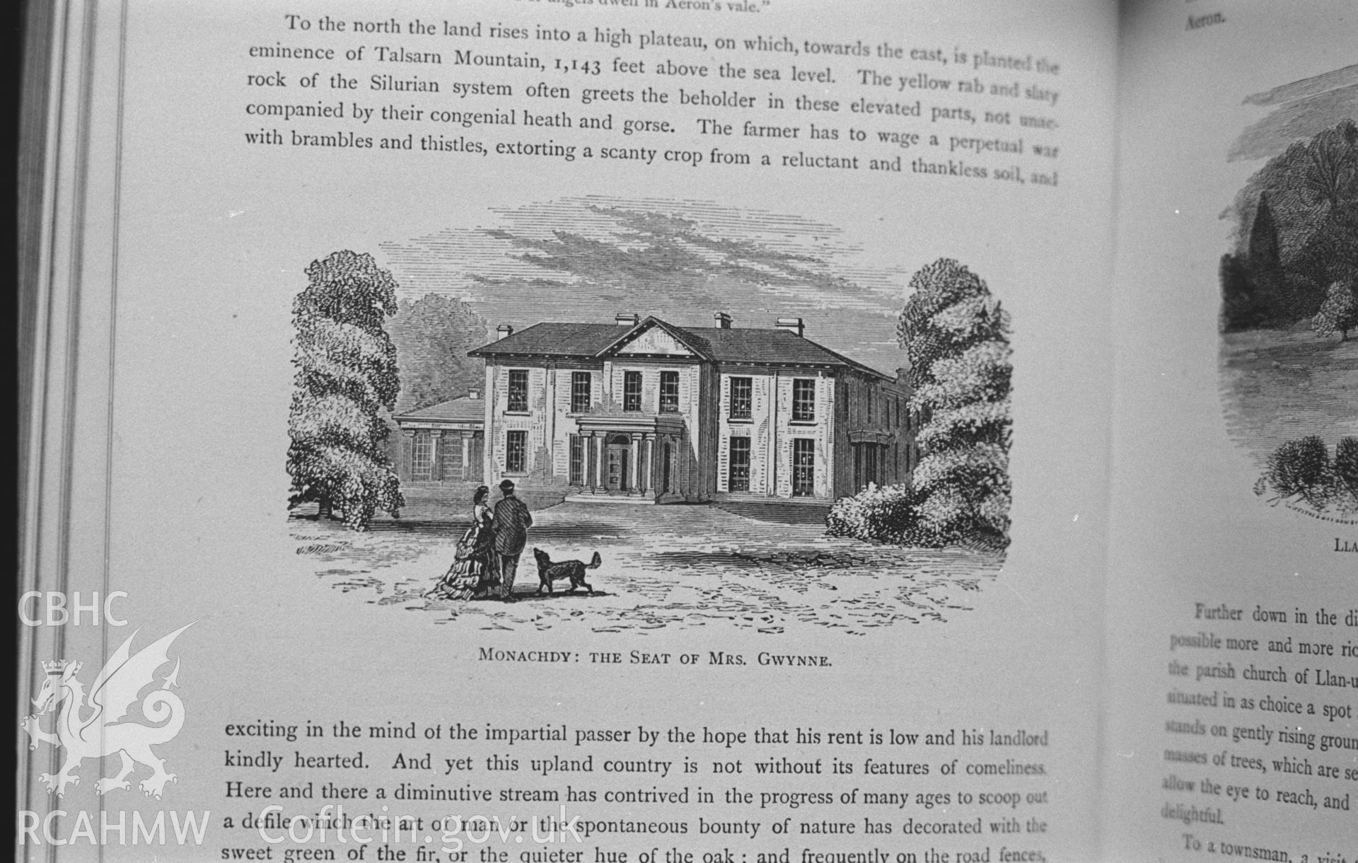 Drawing entitled 'Monachdy: the seat of Mrs Gwynne.' From 'Annals of the counties and county families of Wales' vol 1 by Thomas Nicholas, 1872. Photographed by Arthur O. Chater in January 1968 for his own private research.