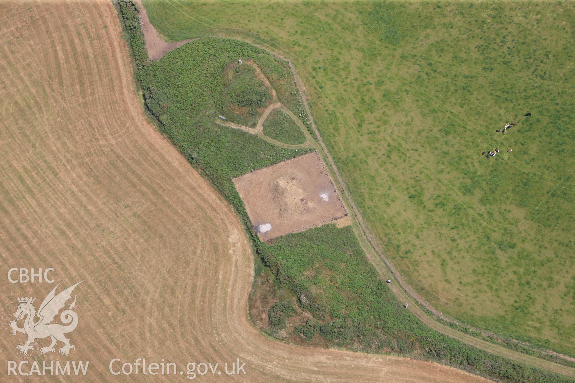 Crugiau Cemmaes barrows, south west of Cardigan. Oblique aerial photograph taken during the Royal Commission?s programme of archaeological aerial reconnaissance by Toby Driver on 12th July 2013.