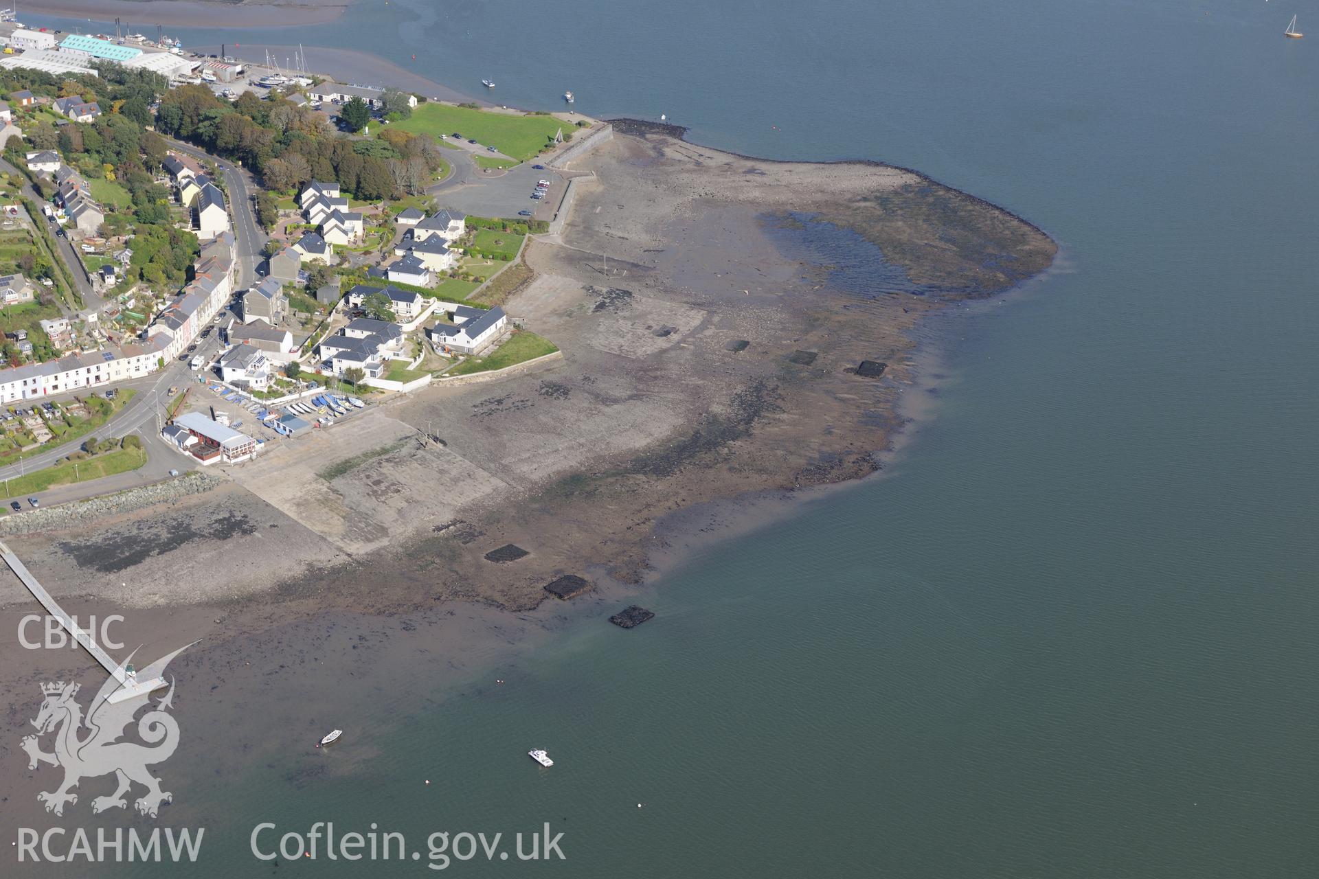 The town of Neyland, its shipyard and two embarkation hards, on the opposite side of the estuary to Pembroke Dock. Oblique aerial photograph taken during the Royal Commission's programme of archaeological aerial reconnaissance by Toby Driver on 30th September 2015.