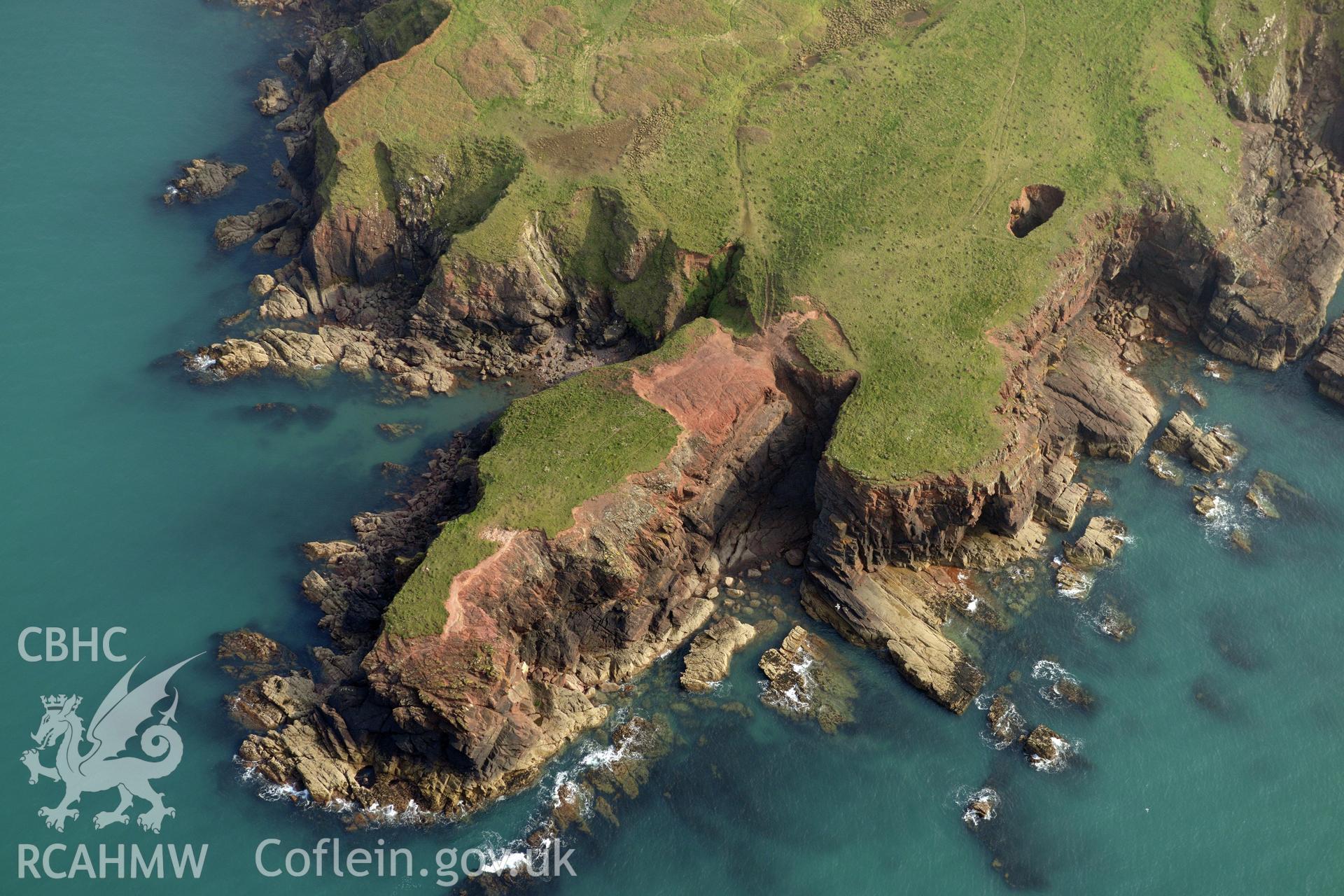 Aerial photography of The Nab Head taken on 27th March 2017. Baseline aerial reconnaissance survey for the CHERISH Project. ? Crown: CHERISH PROJECT 2017. Produced with EU funds through the Ireland Wales Co-operation Programme 2014-2020. All material made freely available through the Open Government Licence.