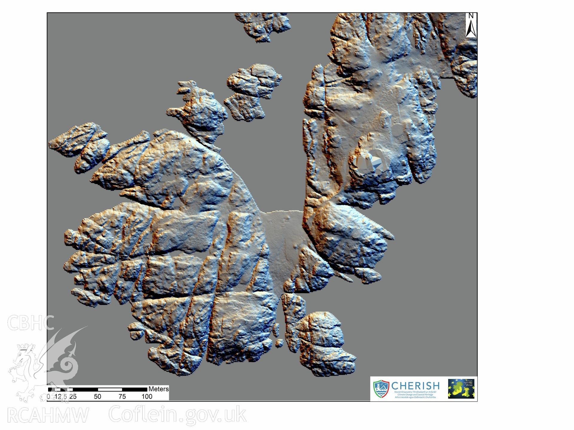 Ynysoedd y Moelrhoniaid (The Skerries Islet). Airborne laser scanning (LiDAR) commissioned by the CHERISH Project 2017-2021, flown by Bluesky International LTD at low tide on the 24th of February 2017. Southern view showing the ploughed fields. This LiDAR reading shows a digital terrain model (DTM) with hill shading.