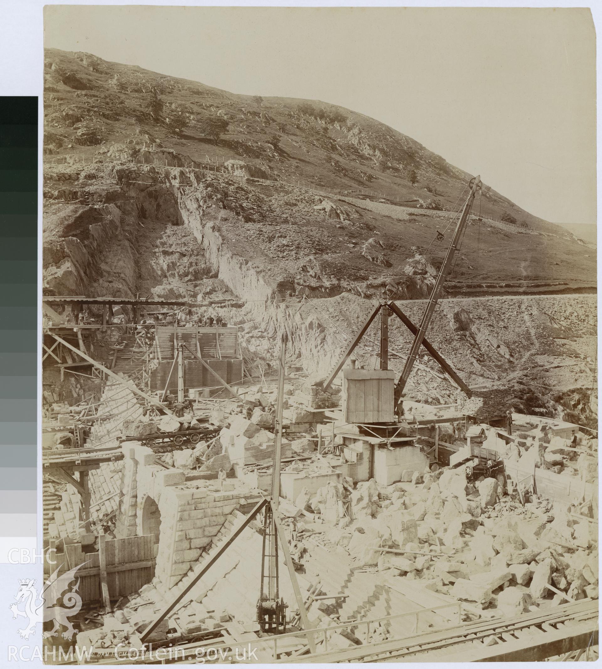 Digital copy of an albumen print from Edward Hubbard Collection showing the Pen y Garreg Dam from the left bank looking upstream, taken September 1898.