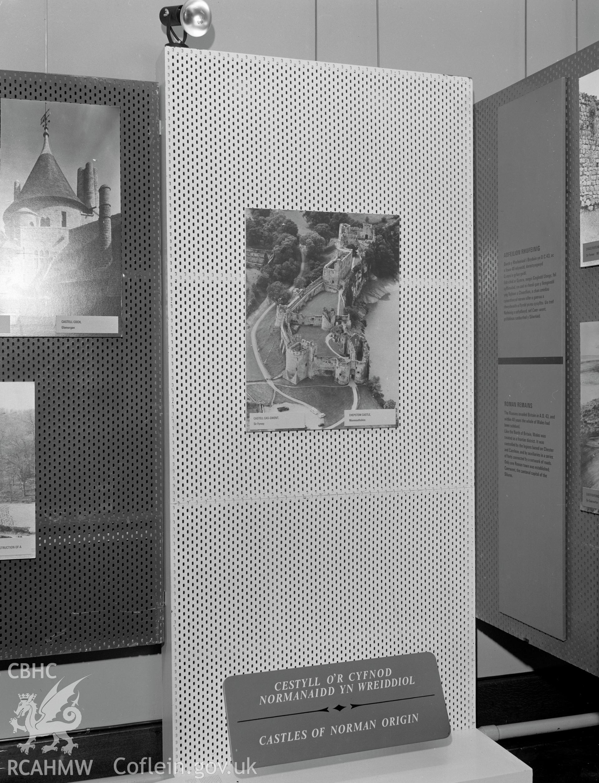 Digital copy of a black and white negative showing Ancient Monuments Exhibition, Welsh Tourer, Vivian Art Gallery, Swansea. From Cadw Monuments in Care Collection.