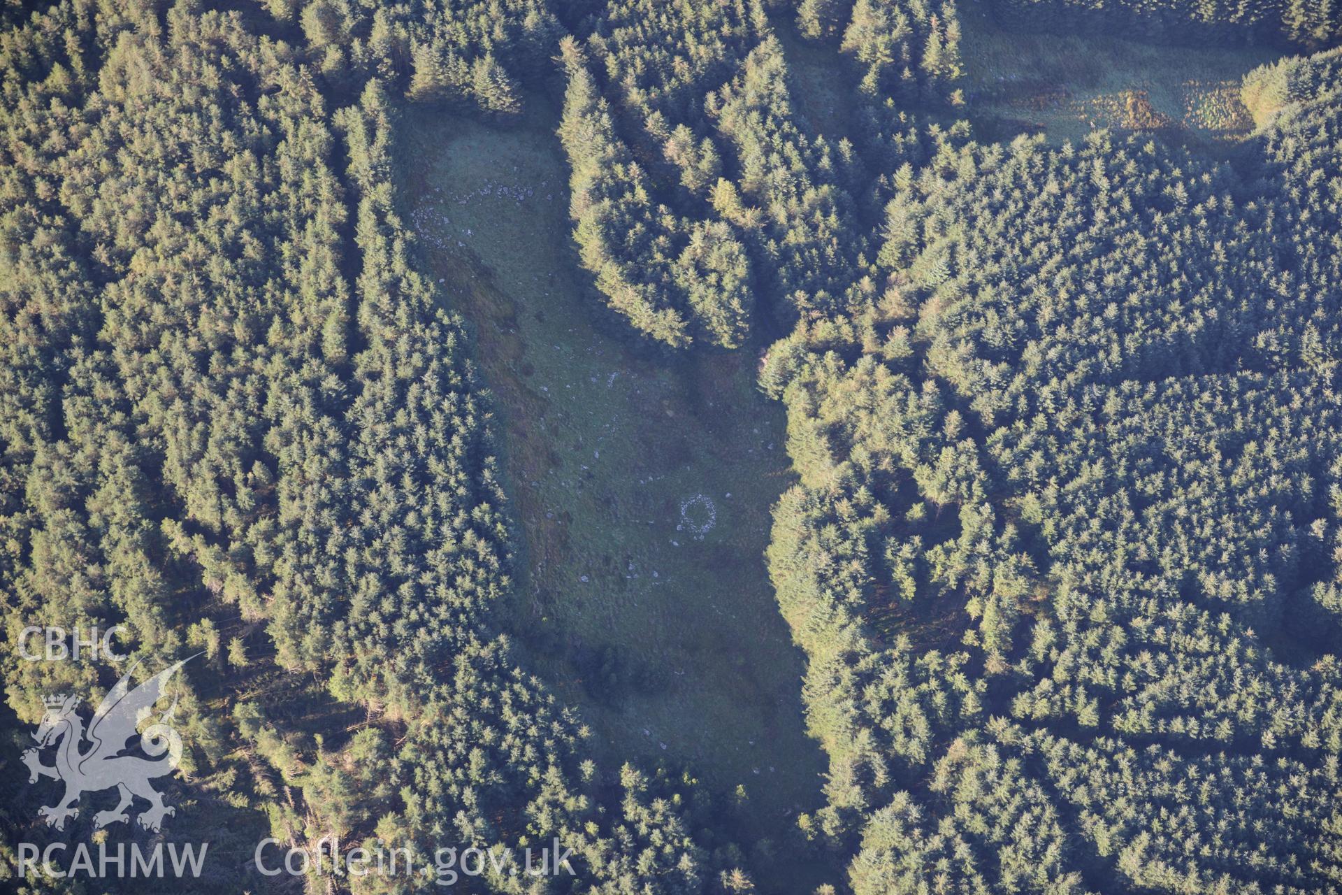 Hut circles south east of Cyfannedd Fawr, east of Cadair Idris. Oblique aerial photograph taken during the Royal Commission's programme of archaeological aerial reconnaissance by Toby Driver on 2nd October 2015.