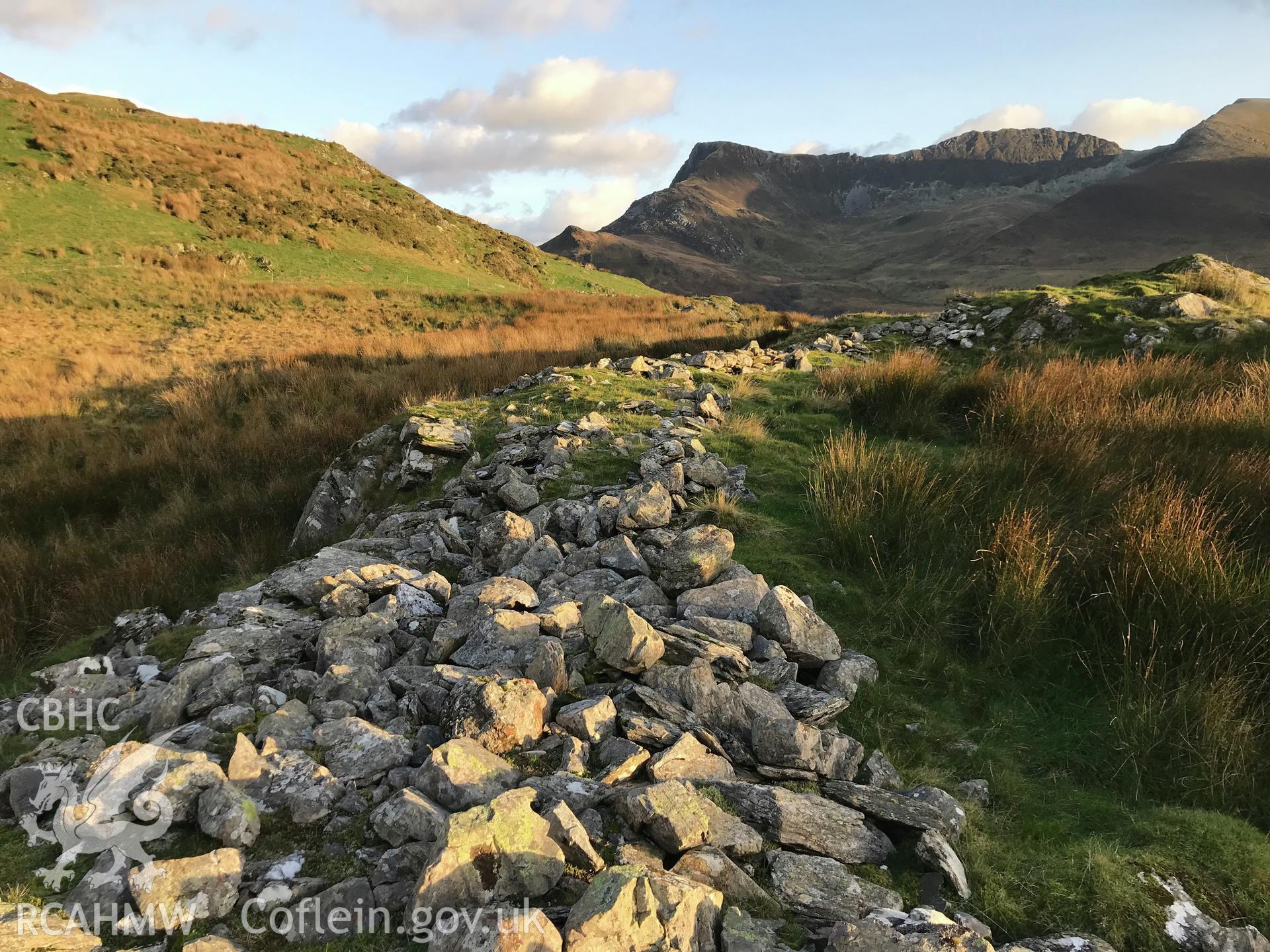 Digital colour photograph showing small hillfort north east of Gelli Ffrydiau, near Nantlle, Llanllyfni, taken by Paul Davis on 3rd December 2019.