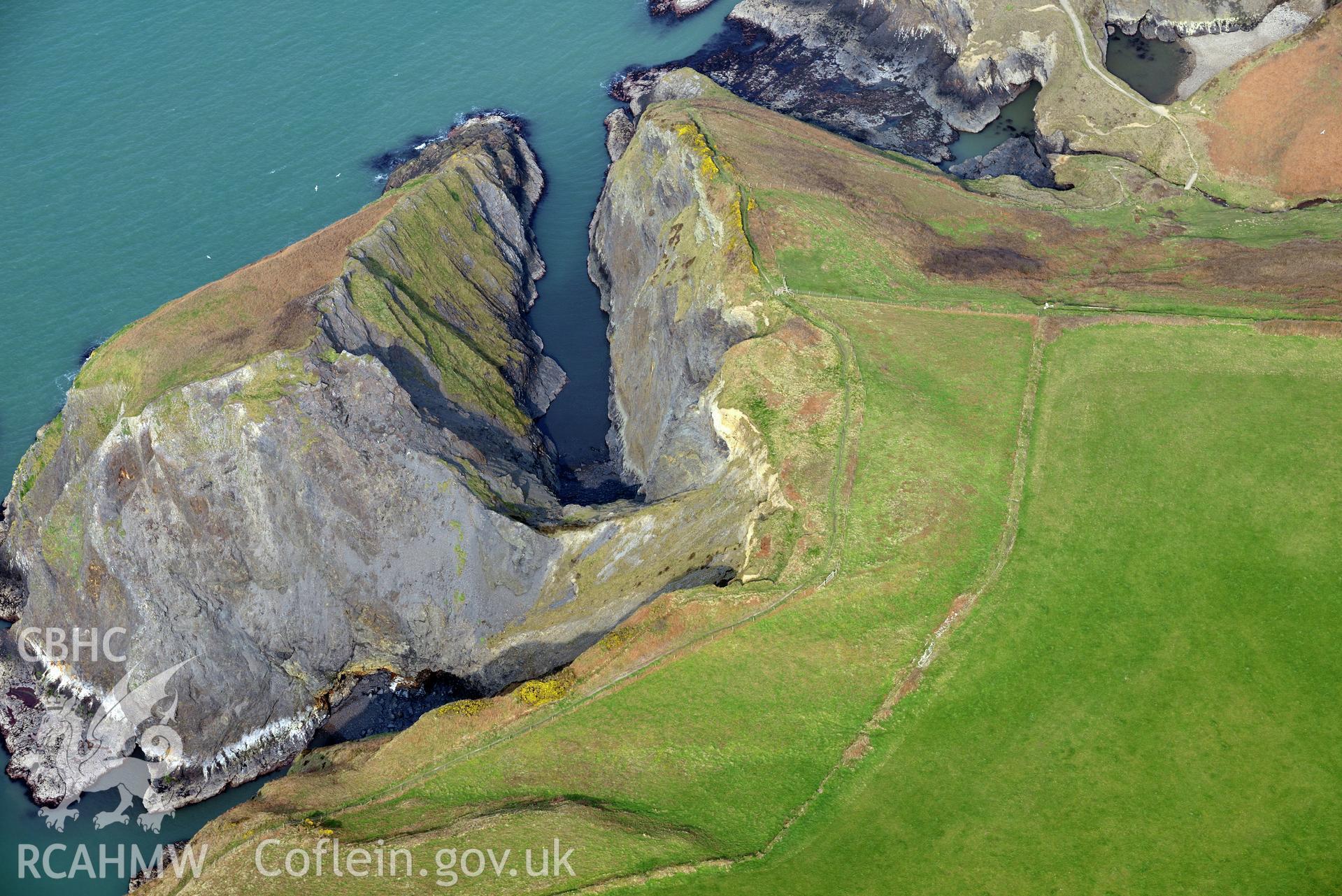 Aerial photography of Castell Treruffydd taken on 27th March 2017. Baseline aerial reconnaissance survey for the CHERISH Project. ? Crown: CHERISH PROJECT 2017. Produced with EU funds through the Ireland Wales Co-operation Programme 2014-2020. All material made freely available through the Open Government Licence.