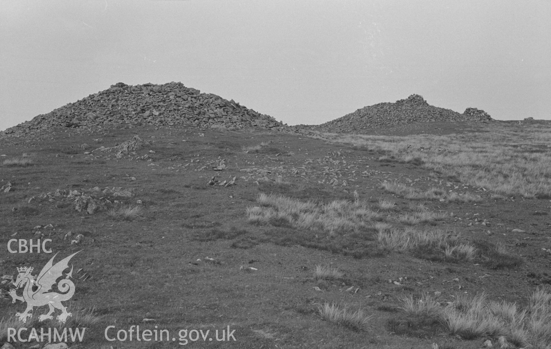 Digital copy of a black and white negative showing the summit cairns of Pen Pumlumon-Arwystli; 2427ft. Photographed by Arthur O. Chater in August 1967. (Looking north from Grid Reference SN 815 878).