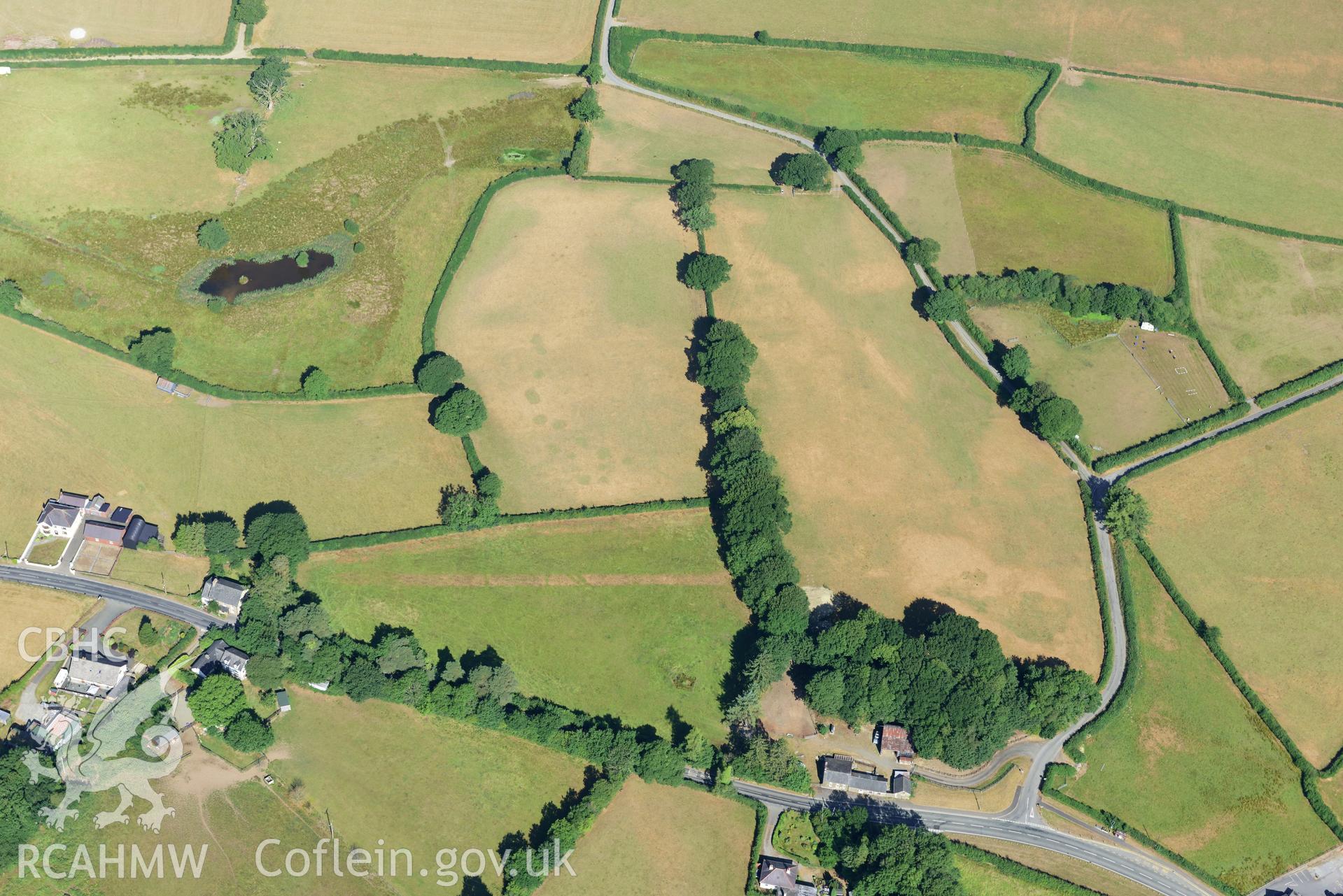 Royal Commission aerial photography of Roman road parchmarks at Aber-Giar or Ffynnon-drain taken on 19th July 2018 during the 2018 drought.