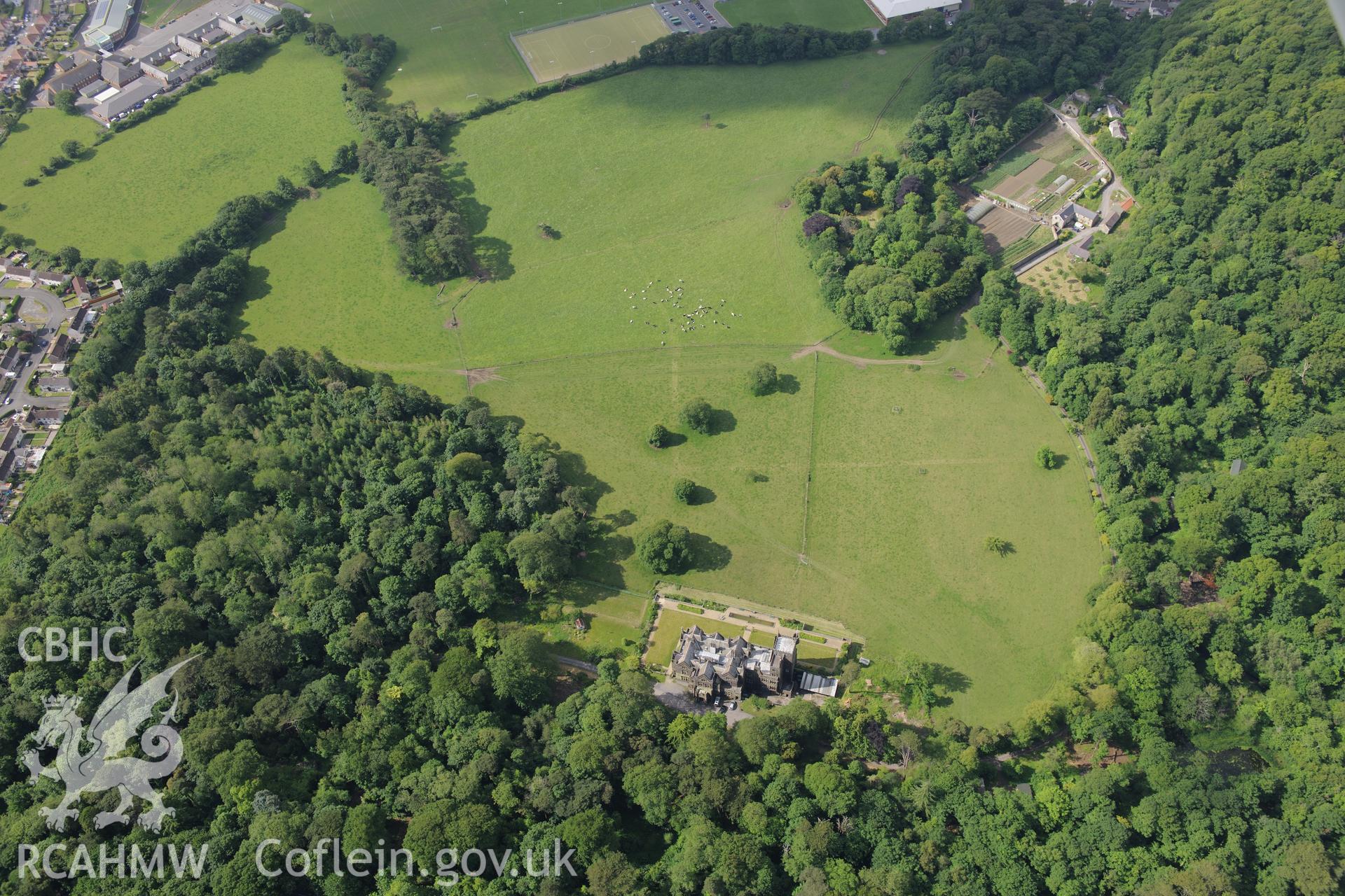 Stradey Castle and it's garden, Llanelli. Oblique aerial photograph taken during the Royal Commission's programme of archaeological aerial reconnaissance by Toby Driver on 19th June 2015.