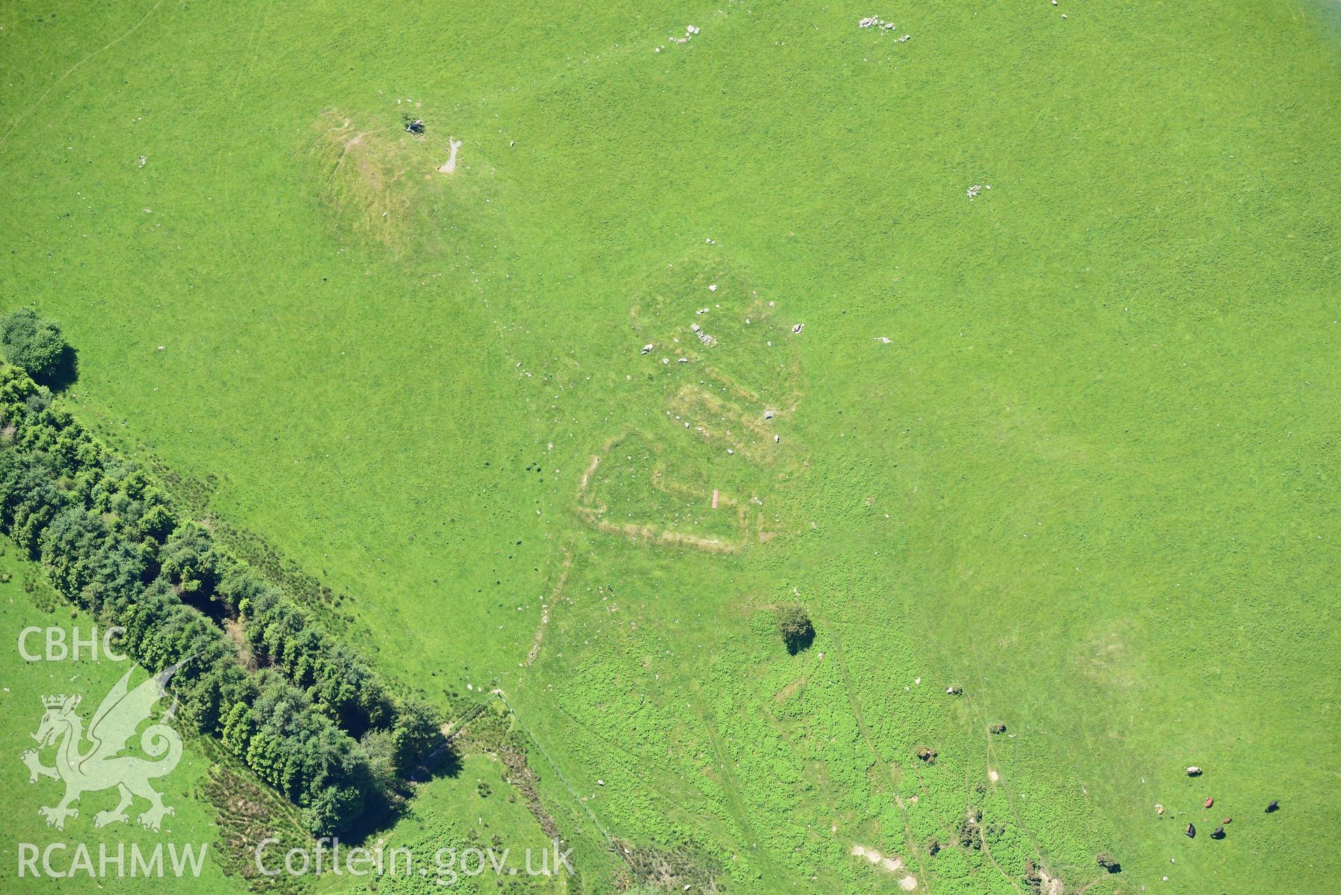 The deserted Penlandoppa farmstead, Troed y Rhiw, east of Pontrhydfendigaid on the edge of the Cambrian Mountains. Oblique aerial photograph taken during the Royal Commission's programme of archaeological aerial reconnaissance by Toby Driver on 30th June 2015.