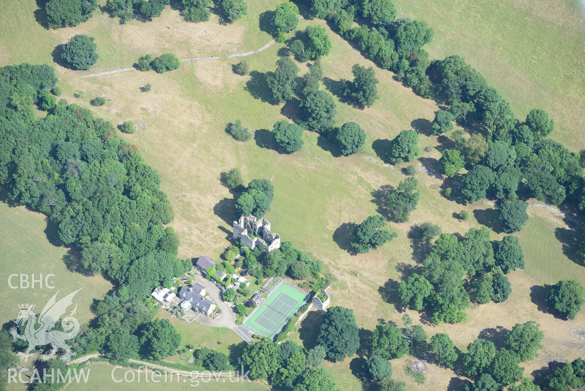 Royal Commission aerial photography of Foxhall Newydd mansion, with parching, taken on 19th July 2018 during the 2018 drought.