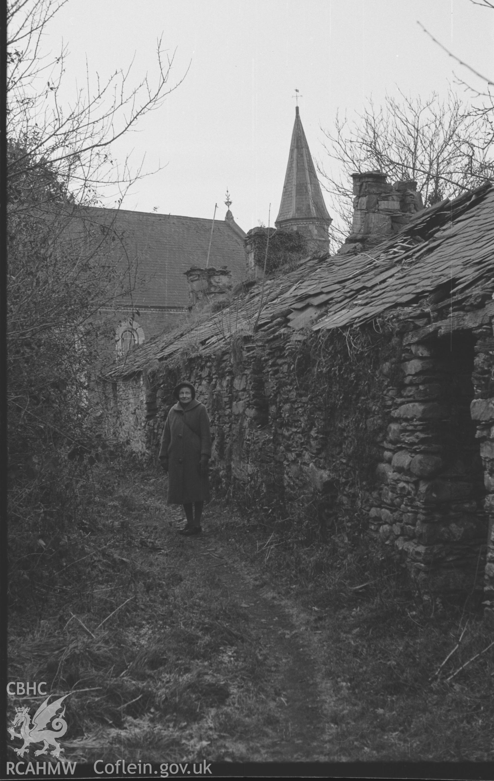 Digital copy of a black and white negative showing derelict cottages and Soar Methodist Chapel at Tre'r Ddol. Photographed in December 1963 by Arthur O. Chater from Grid Reference SN 6599 9216, looking west south west.