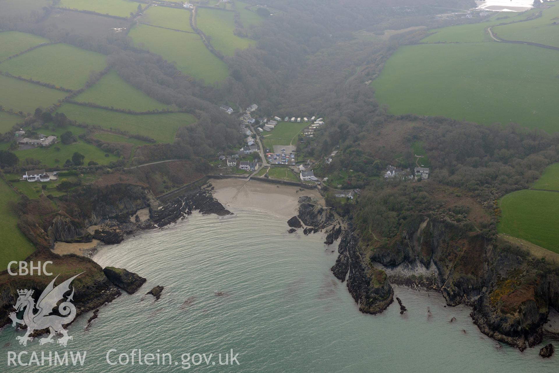 Aerial photography of Cwm yr Eglwys taken on 27th March 2017. Baseline aerial reconnaissance survey for the CHERISH Project. ? Crown: CHERISH PROJECT 2017. Produced with EU funds through the Ireland Wales Co-operation Programme 2014-2020. All material made freely available through the Open Government Licence.