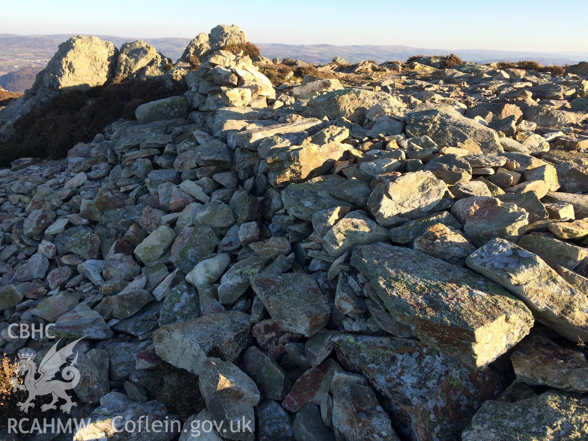 Photo showing view of Conwy Mountain inner rampart, taken by Paul R. Davis, February 2018.